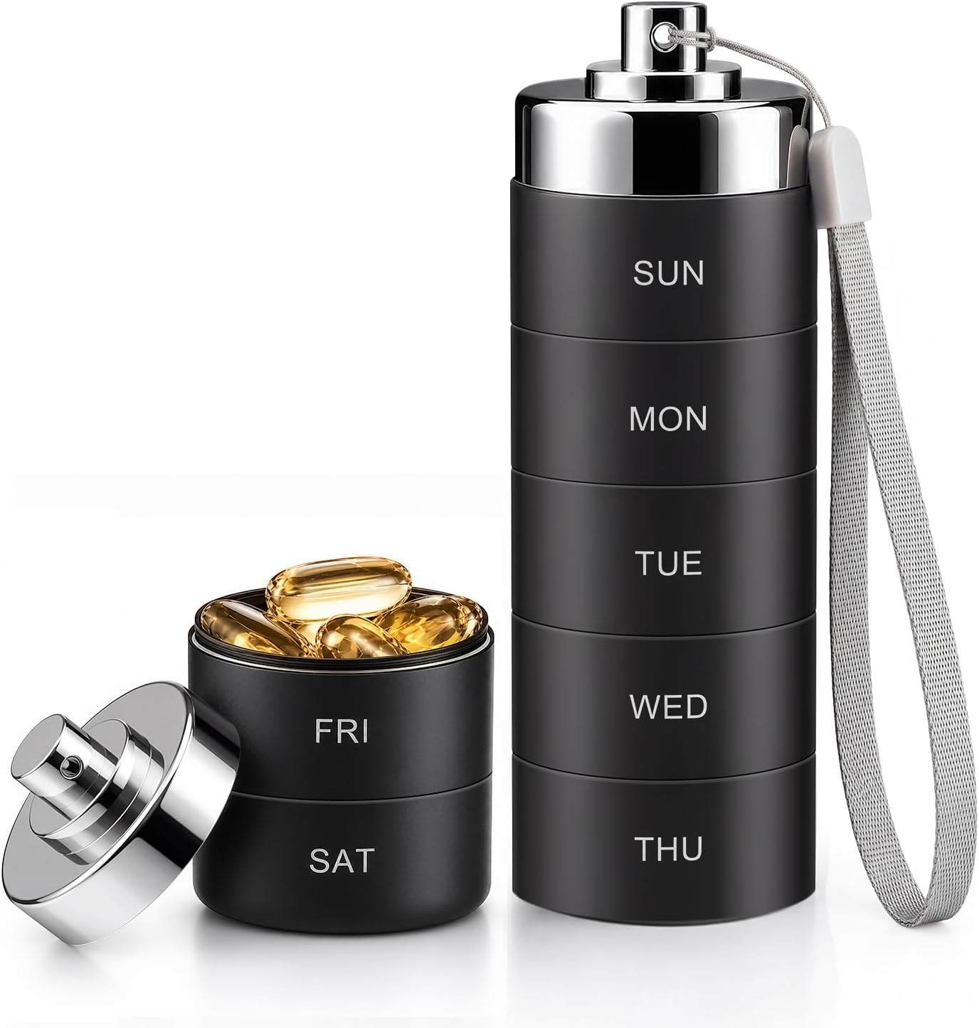 Mossime Metal Travel Pill Organizer with 2 Lids, Waterproof Weekly Pill Box, Large Aluminum Alloy Pill Case Container, BPA Free 7 Day Daily Medicine Organizer for Vitamin, Fish Oil, Supplement