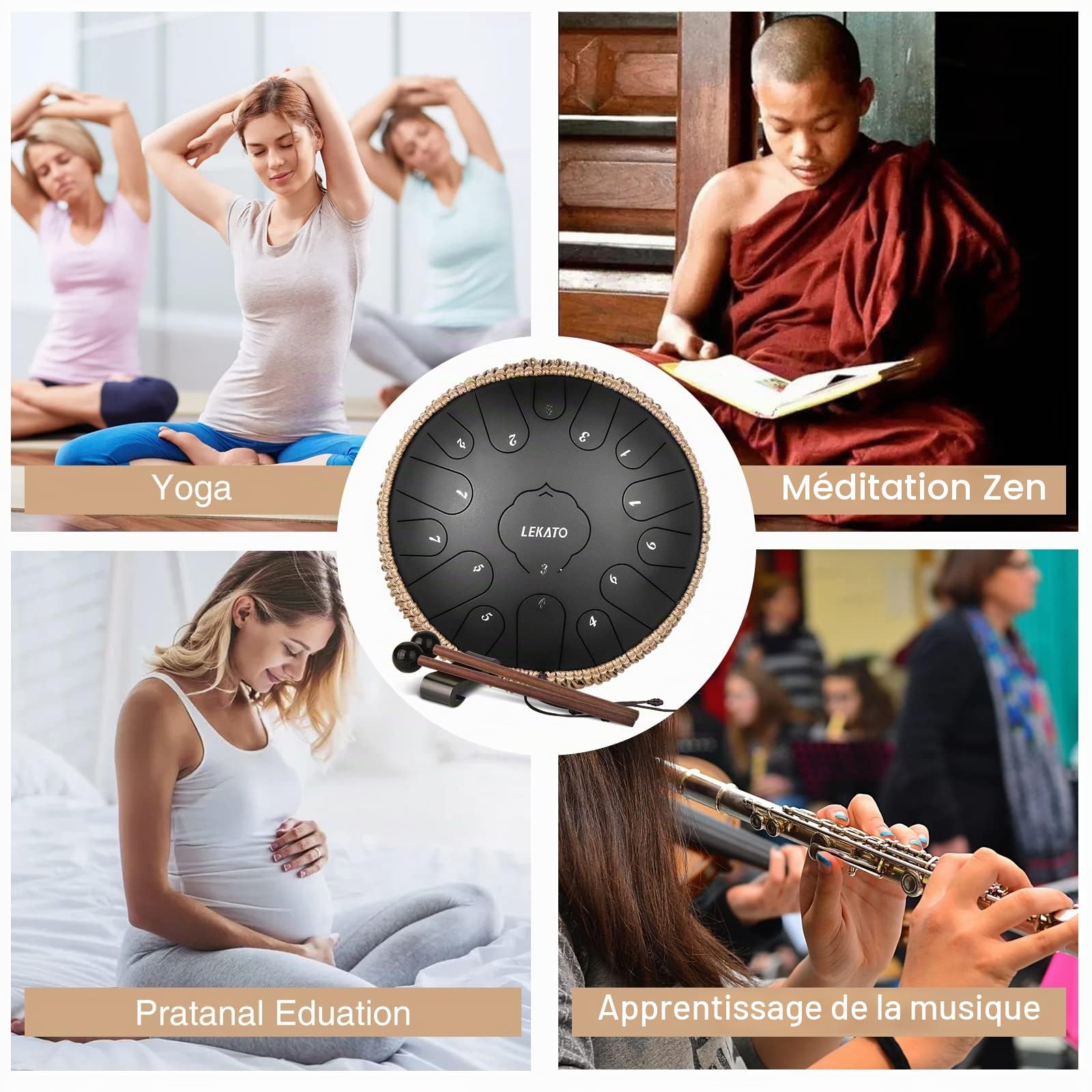 LEKATO Steel Tongue Drum, Tambour Handpan à 13 Pouces 15 Tons en C, Tambour à Langue de Grande Taille, Instrument de Percussion pour la Méditation, le Yoga, l'Education Musicale, Noir