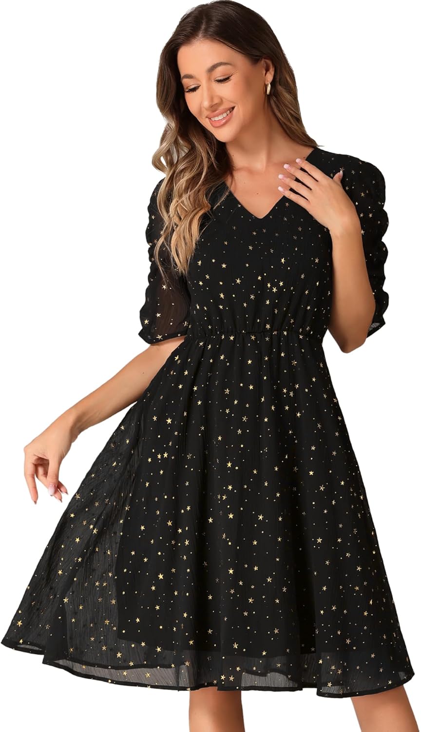 Allegra K Chiffon Dress for Women's Metallic Stars Ruched Sleeve V Neck A-line Dress