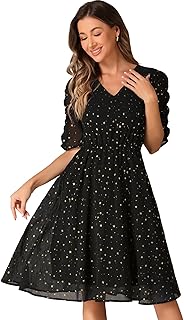 Chiffon Dress for Women's Metallic Stars Ruched Sleeve V Neck A-line Dress - Buy now