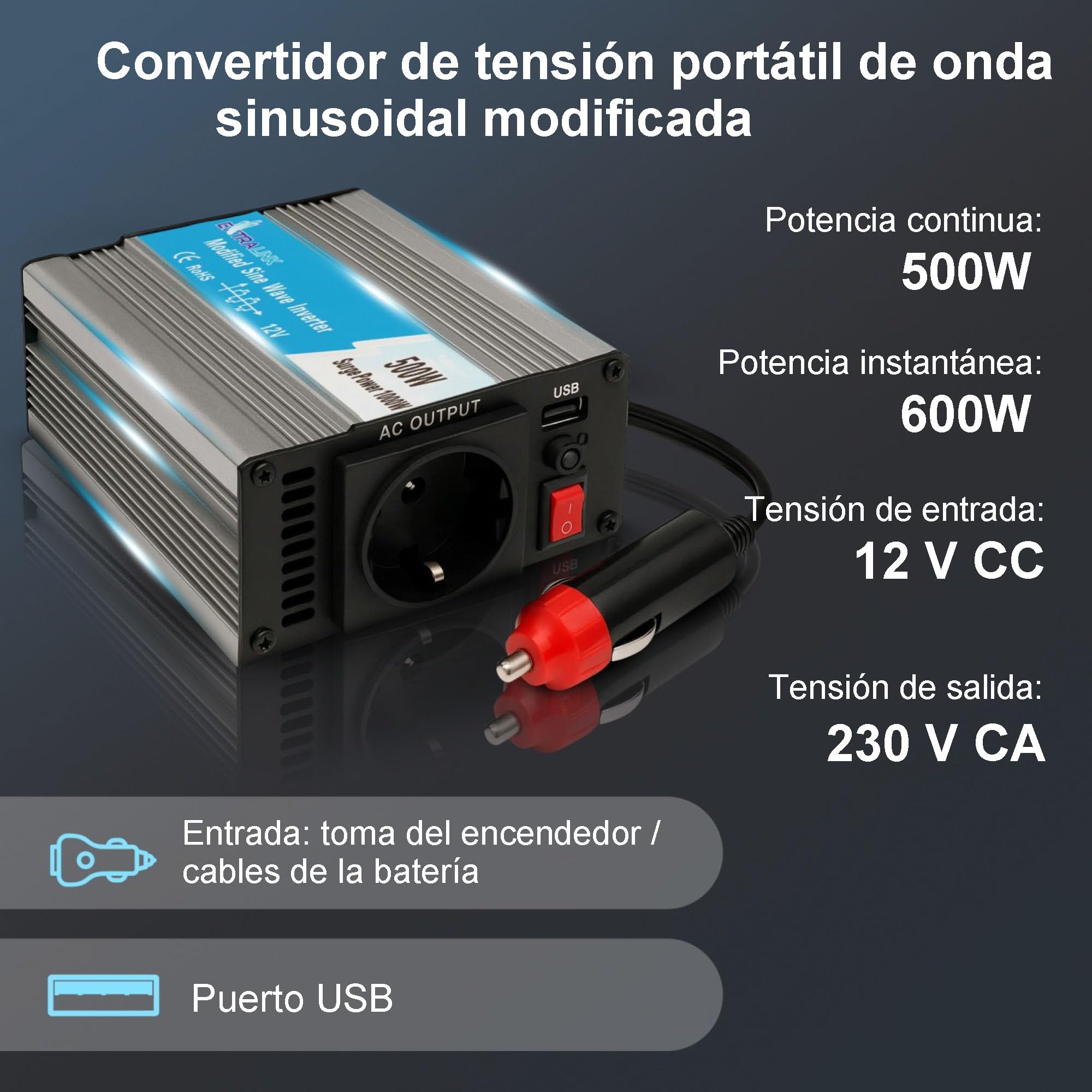 EXTRALINK Inversor 12V 220V Onda Modificada 500W 1000W Pico – Convertidor 12V 200V con USB, Enchufe de mechero, Ventilador y Protección Cuádruple – para Coche, Autocaravana, Barco, Camping, Solar