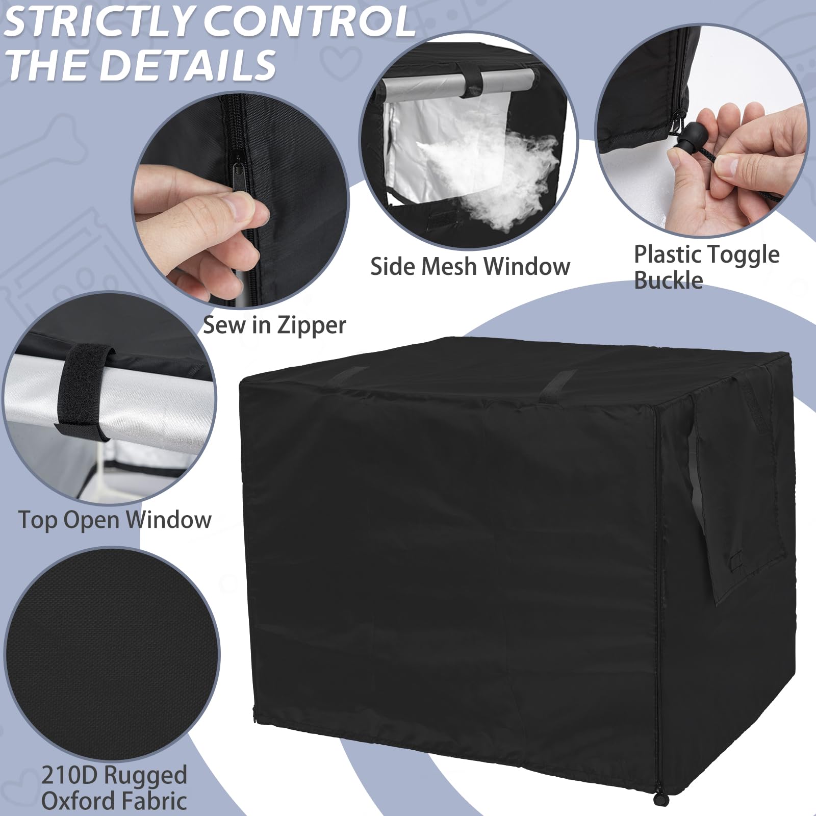 OUUTMEE Copertura per box per cani in poliestere 210D, impermeabile, con porta e finestra ventilata, 125LX79WX84H, impermeabile, protezione solare/blocco della luce, colore nero