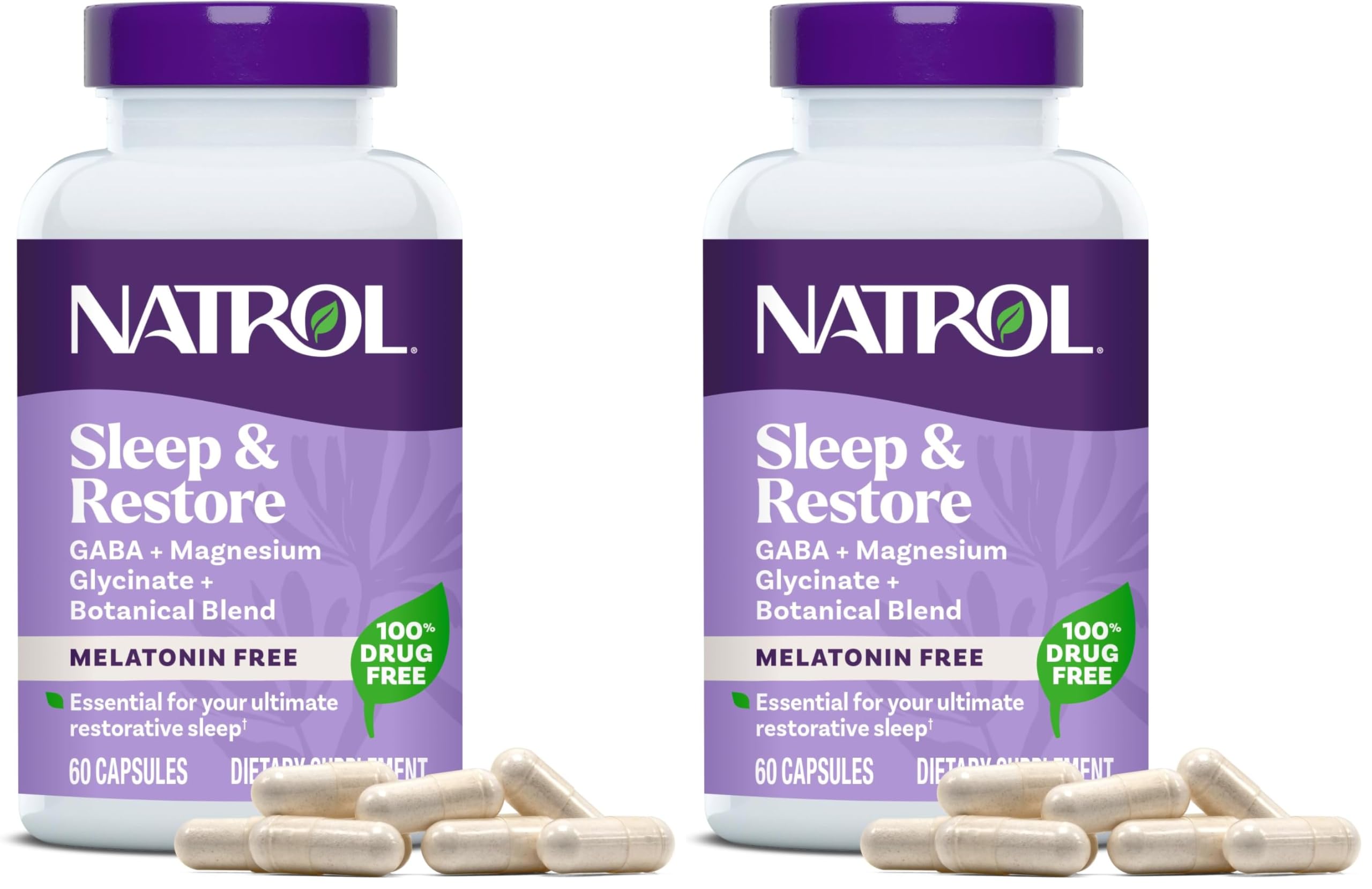 Natrol Sleep & Restore Capsules with Magnesium Glycinate 100mg,GABA,Essential for Your Ultimate Restorative Sleep,Melatonin-Free,30 Day Supply,(Pack of 2) Unflavored 60 Count (Pack of 2)