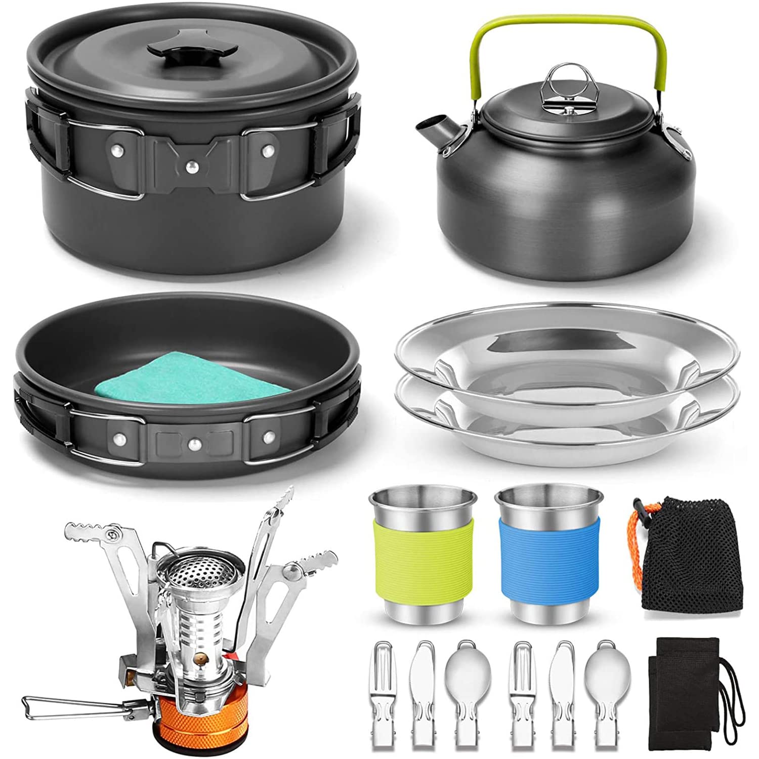 16pcs Camping Cookware Mess Kit - Non-Stick Pot and Pan Kettle Set with Stove Stainless Steel Cups Plates Forks Knives Spoons, Camping Cooking Set for Camping, Outdoor Cooking and Picnic