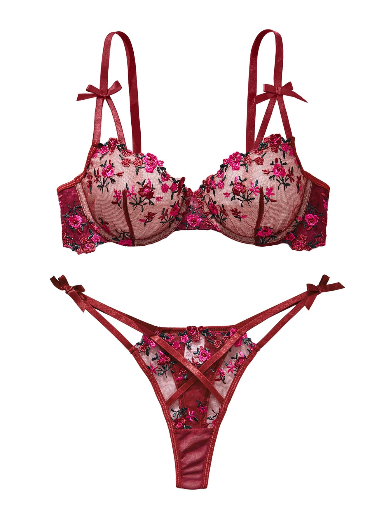 Lilosy Sexy Lingerie Set 2 Piece Women Push Up Bra and Panty 3XS-5XL | Cute Heart Embroidered Strappy Petite Sheer Mesh Bridal Bachelorette Wedding Underwire Exotic Honeymoon Valentine's Boudoir