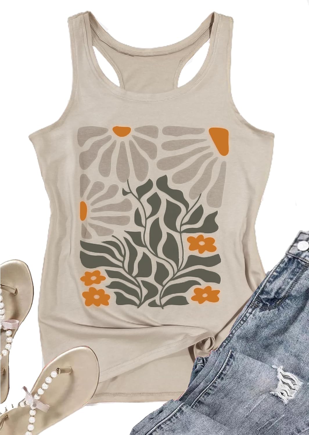 LANMERTREE Womens Vintage Graphic Racerback Tank Tops Floral Graphic Sleeveless Summer Basic Casual Loose Muscle Vest