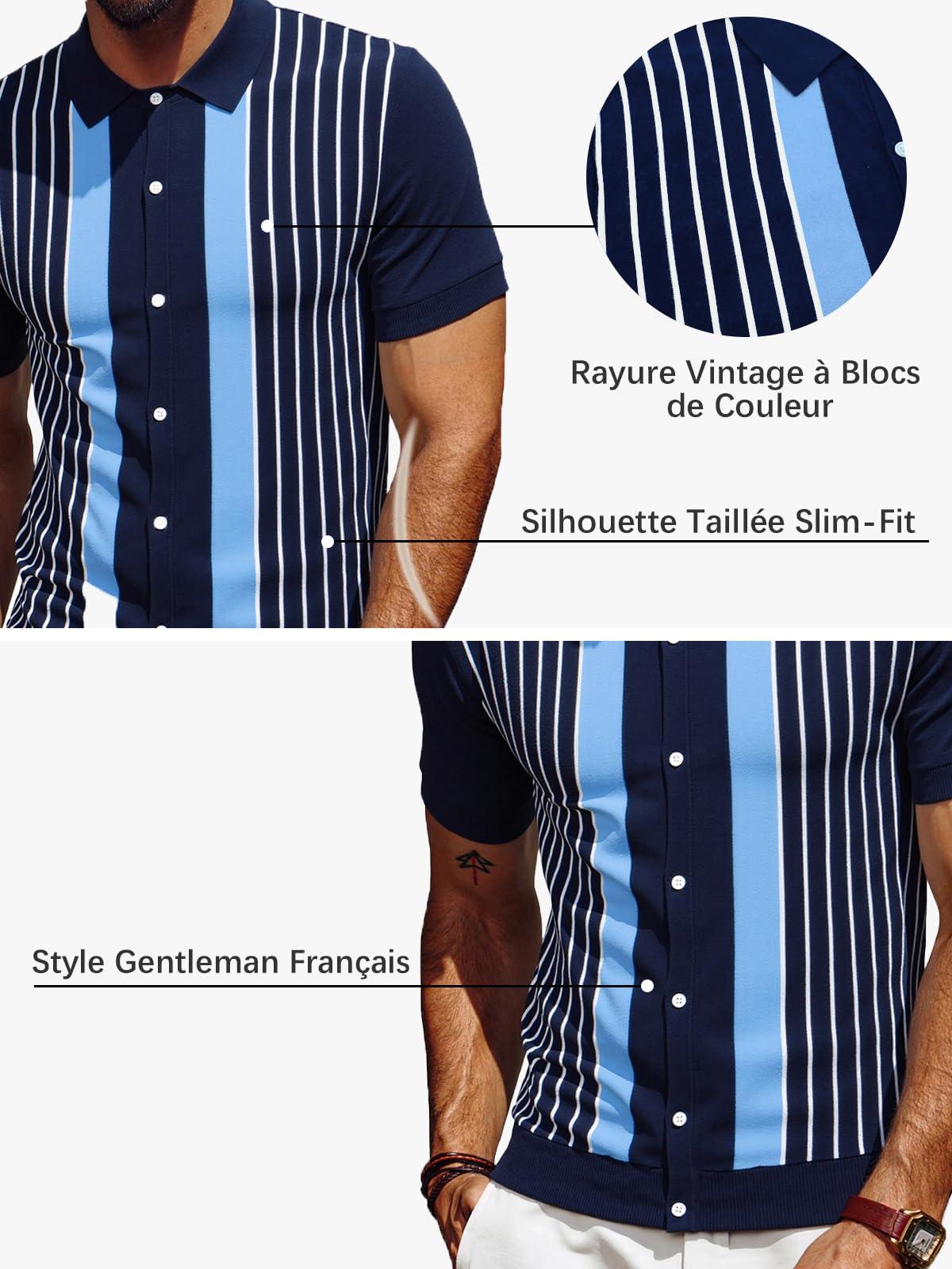 Les umes Polo Uomo A Righe Retro Cardigan Con Maniche Corte Cotone Estate Golf Casual