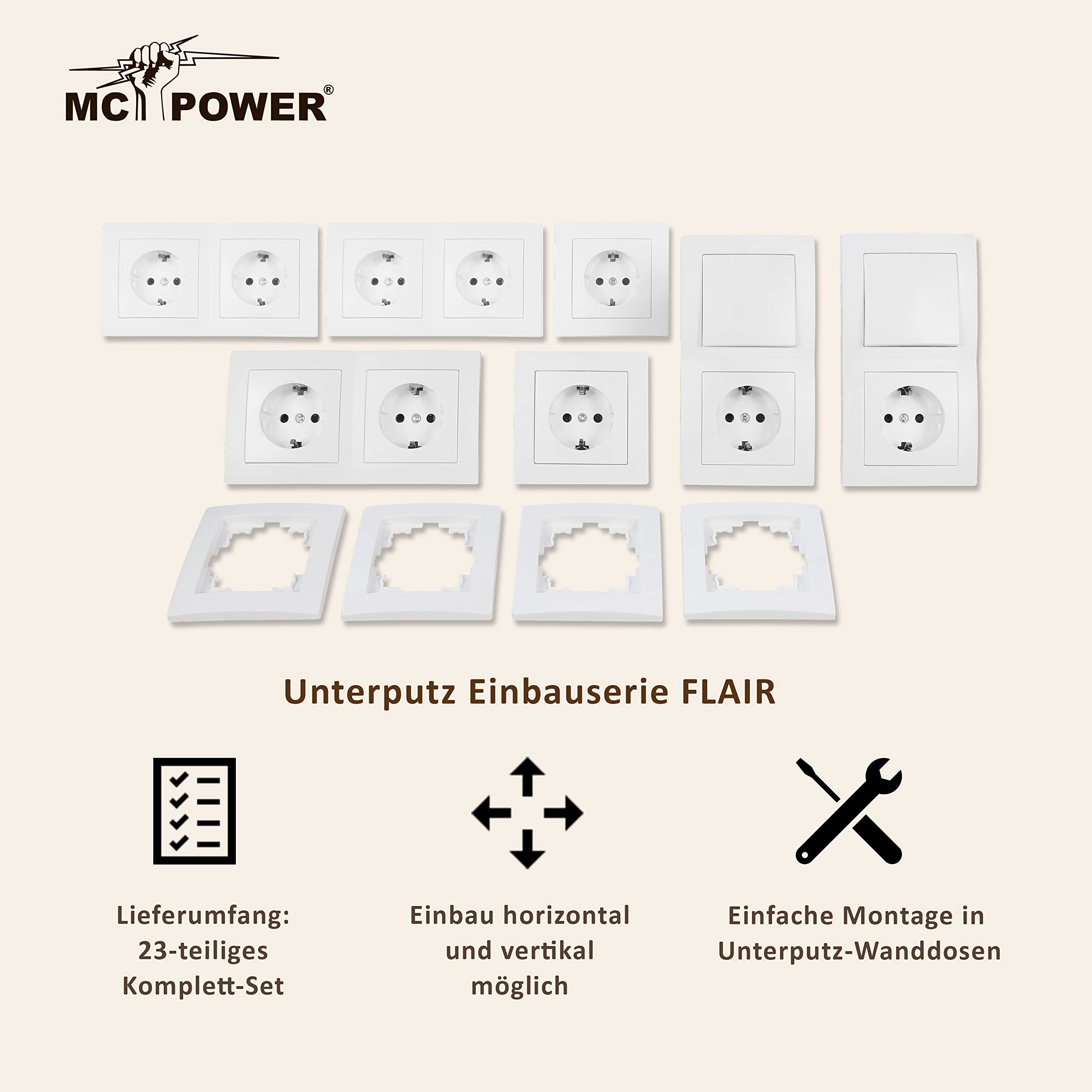 McPower | Schalter und Steckdosen Set "Flair Niveau" | 23-teilig | UP | weiß | Wechselschalter & Steckdosen | Rahmen 1-fach & 2-fach | 250V