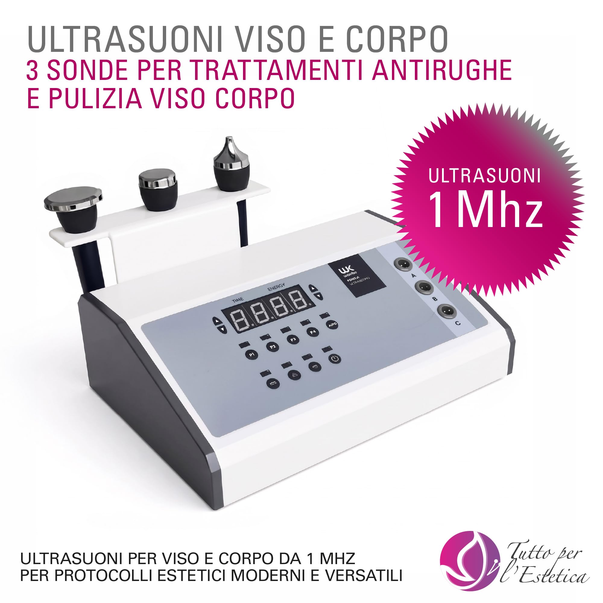 Ultrasuoni Viso e Corpo con 3 Sonde, Pulizia Pelle, Antirughe, 1 MHz, 29 W | Apparecchio Professionale per Trattamenti Estetici Non Invasivi con Sonde Dedicate