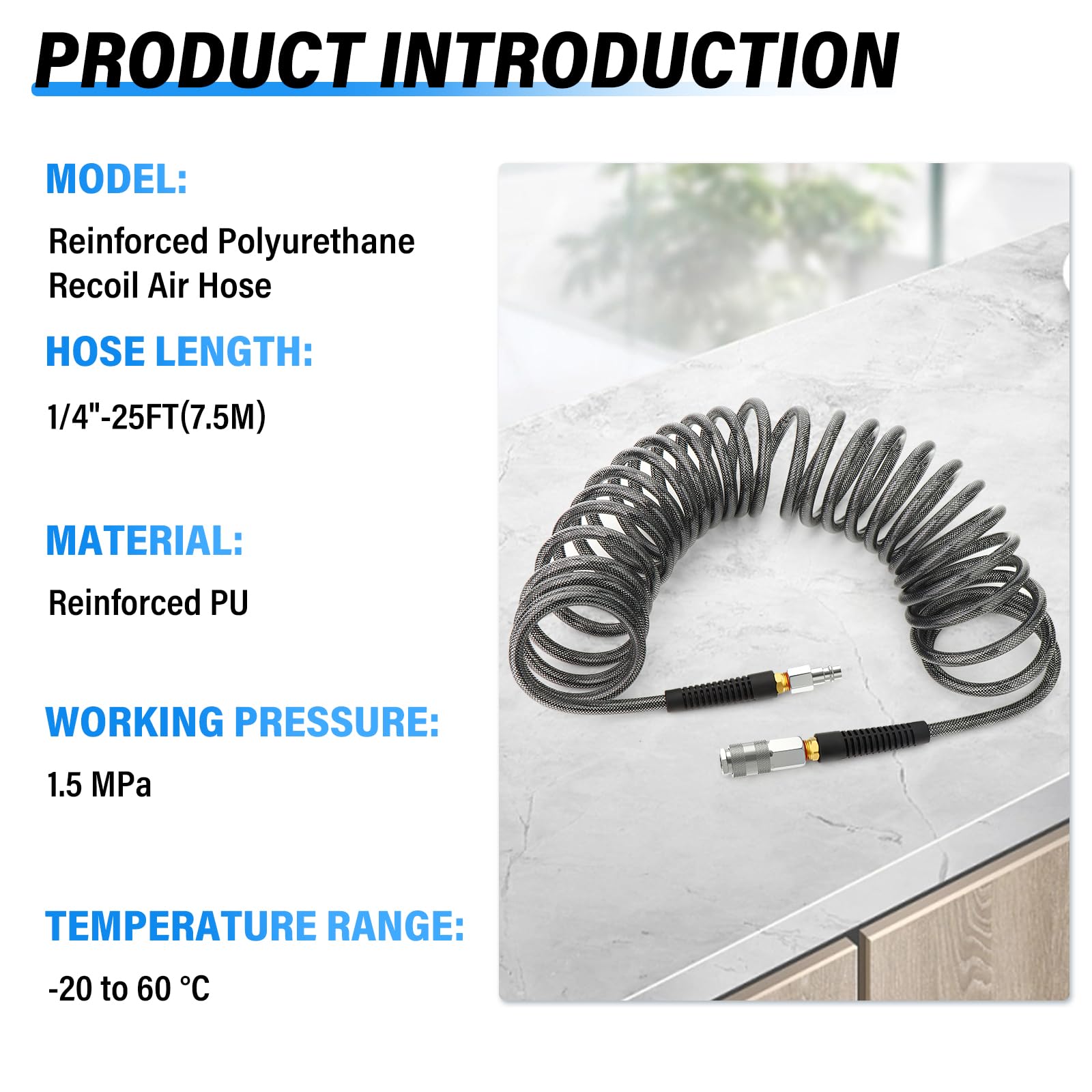 TAILONZ PNEUMATIC 1/4" x 7.5M Black Reinforced Polyurethane Recoil Air Hose with Bend Restrictor - Image 4