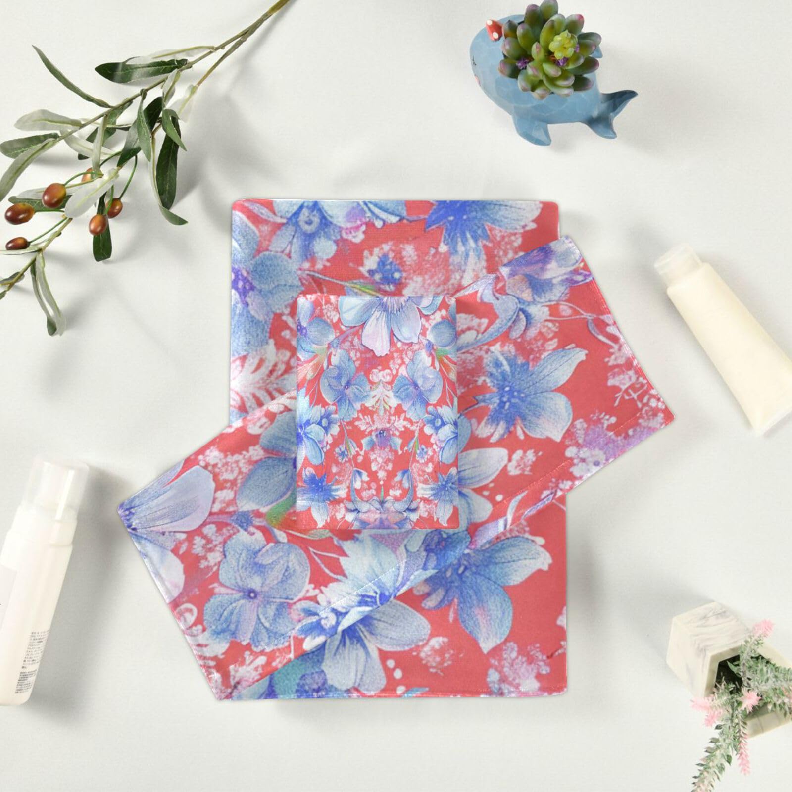 Set di 3 asciugamani da viso in stile bohémien, motivo floreale, rosso e blu, ad asciugatura rapida, 1 asciugamano da bagno, 1 asciugamano per le mani, 1 panno per yoga, bagno e cucina