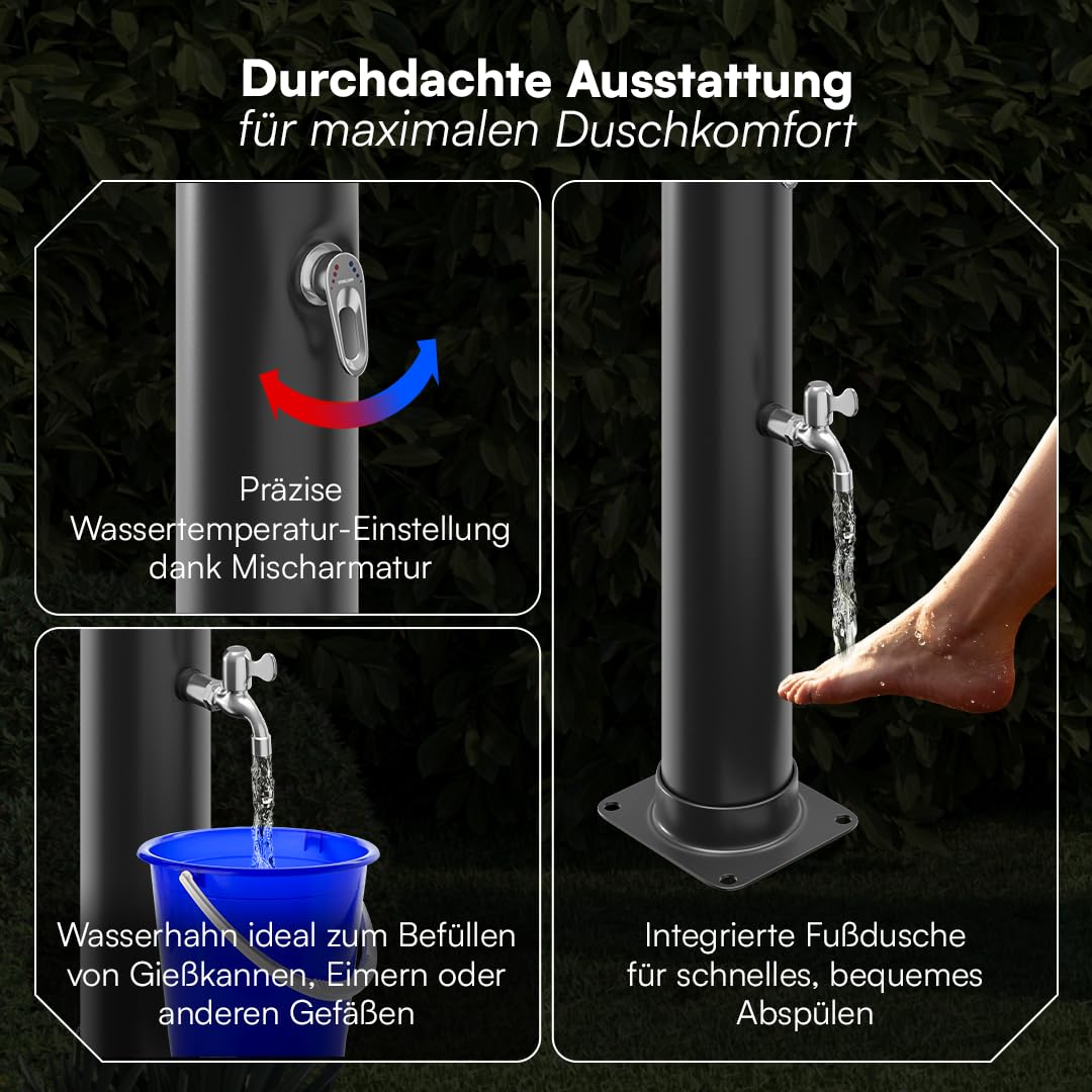 STEELSØN Velion Solardusche Garten 20 L – Solar Gartendusche Winterfest – Außendusche 60° schwarz – Pooldusche mit Fußdusche & Regenduschkopf – Campingdusche inkl. Gartenschlauch-Anschluss & Cover