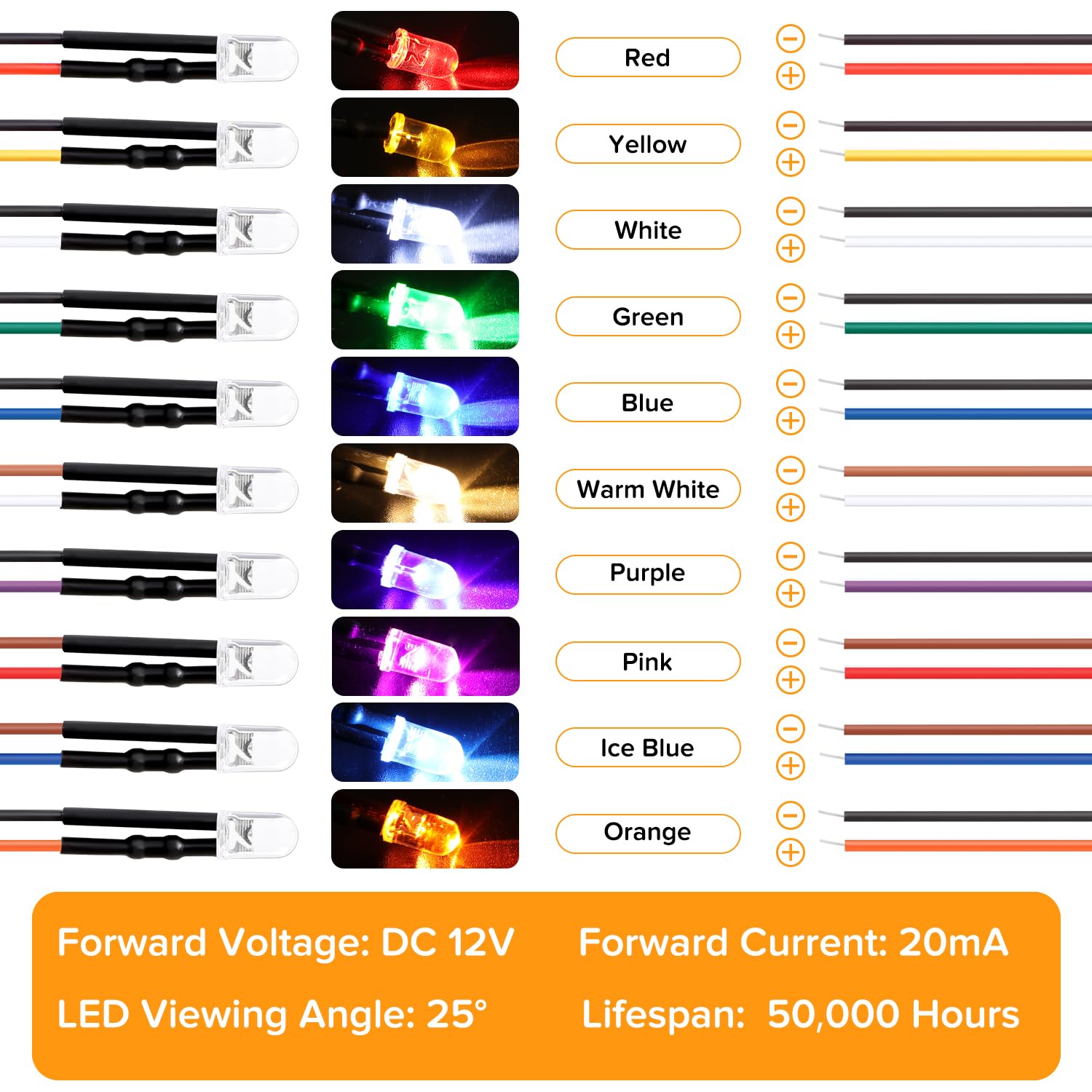 50 Pezzi 5mm 12V Diodo LED Precablata 20cm con Supporto Plastica, 10 Colori