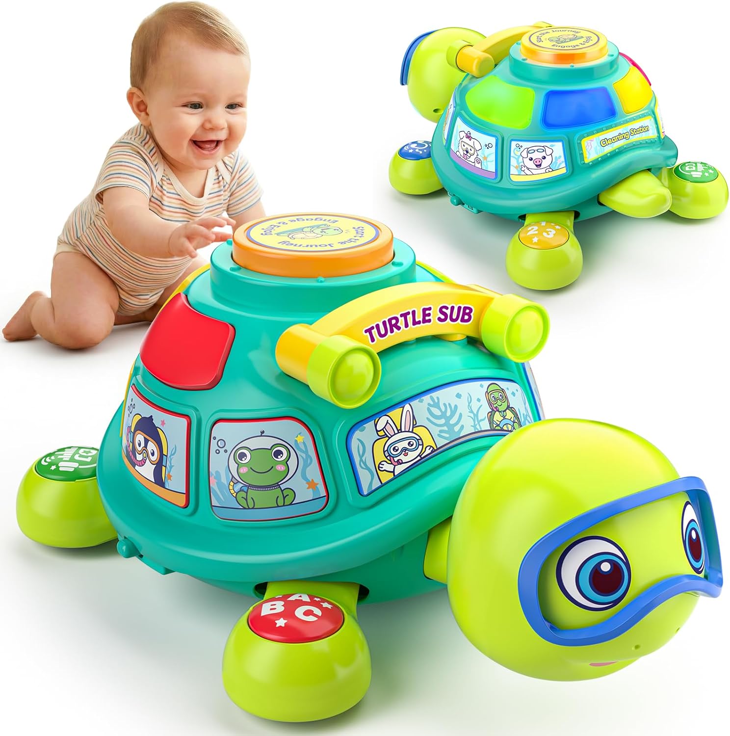 Musical Crawling Turtle Toy for Babies 3–12 Months, Light-up Educational Baby Toy for 6 7 8 9 10-12 Month Old Boy Girl, Bilingual Development Infant Gifts for 3 4 5 6-12 Months (Green)