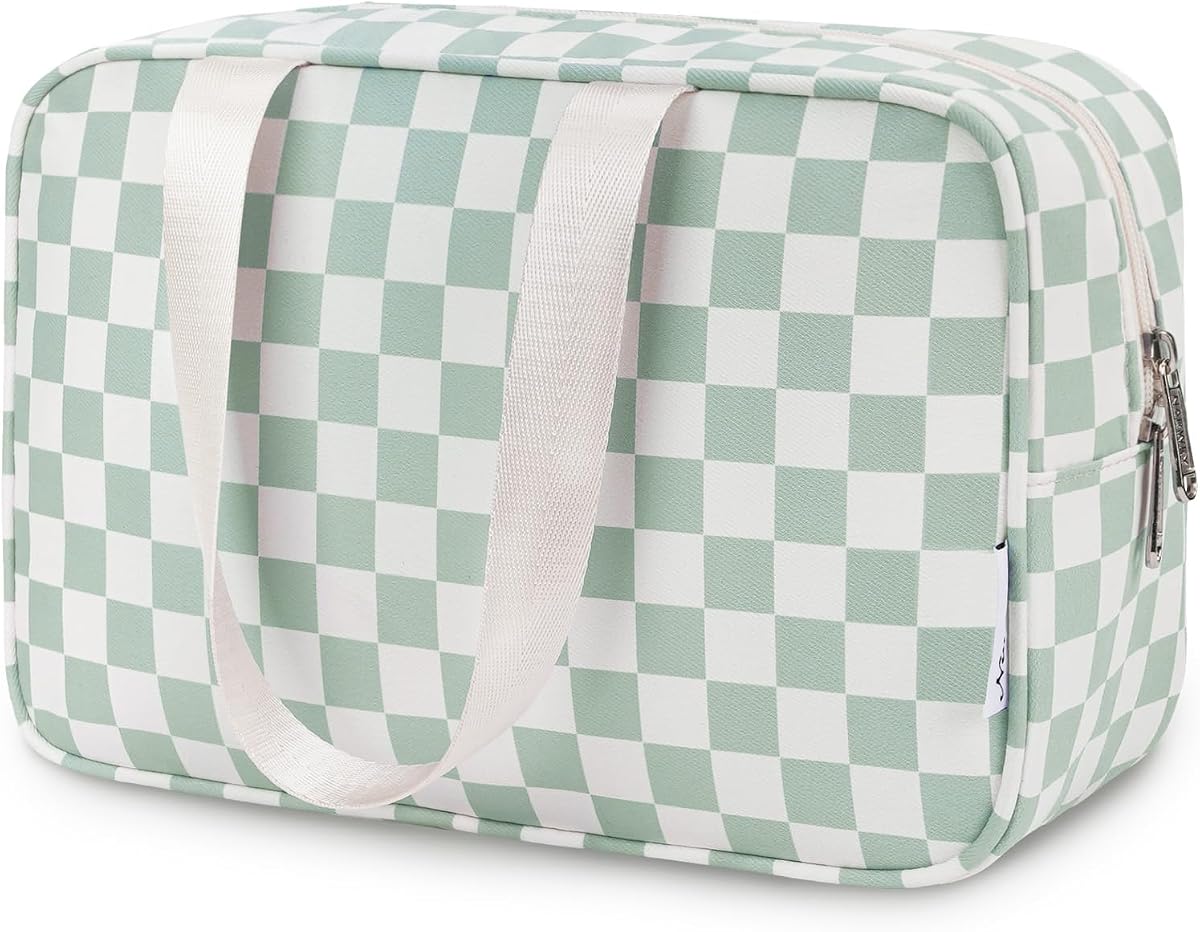 Neceser de viaje de gran capacidad para mujer, bolsa de maquillaje a cuadros con asa, organizador portátil de bolsa de cosméticos, bolsa de viaje para artículos de tocador, cuidado de la piel, medicina, elementos esenciales (cuadros verdes)