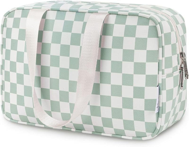 Necessaire de viagem Narwey com estampa xadrez, alça e zíper – Y-Mint Green Checkerboard