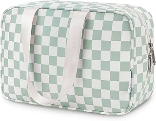 Narwey Large Capacity Travel Toiletry Bag Women, Checkered Makeup Bag with Handle, Portable Make up Cosmetic bag Organizer, Travel Bag for Toiletries, Skincare, Medicine, Essentials (Green Checker)