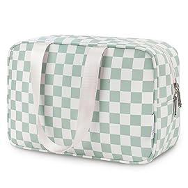 Narwey Large Checkered Travel Toiletry Bag Women Toiletries Bag Skincare Bag Makeup Bag with Handle Make up bag Organizer Cosmetic Bag Medicine Bag for Girls (Mint Green Checkerboard, Large)