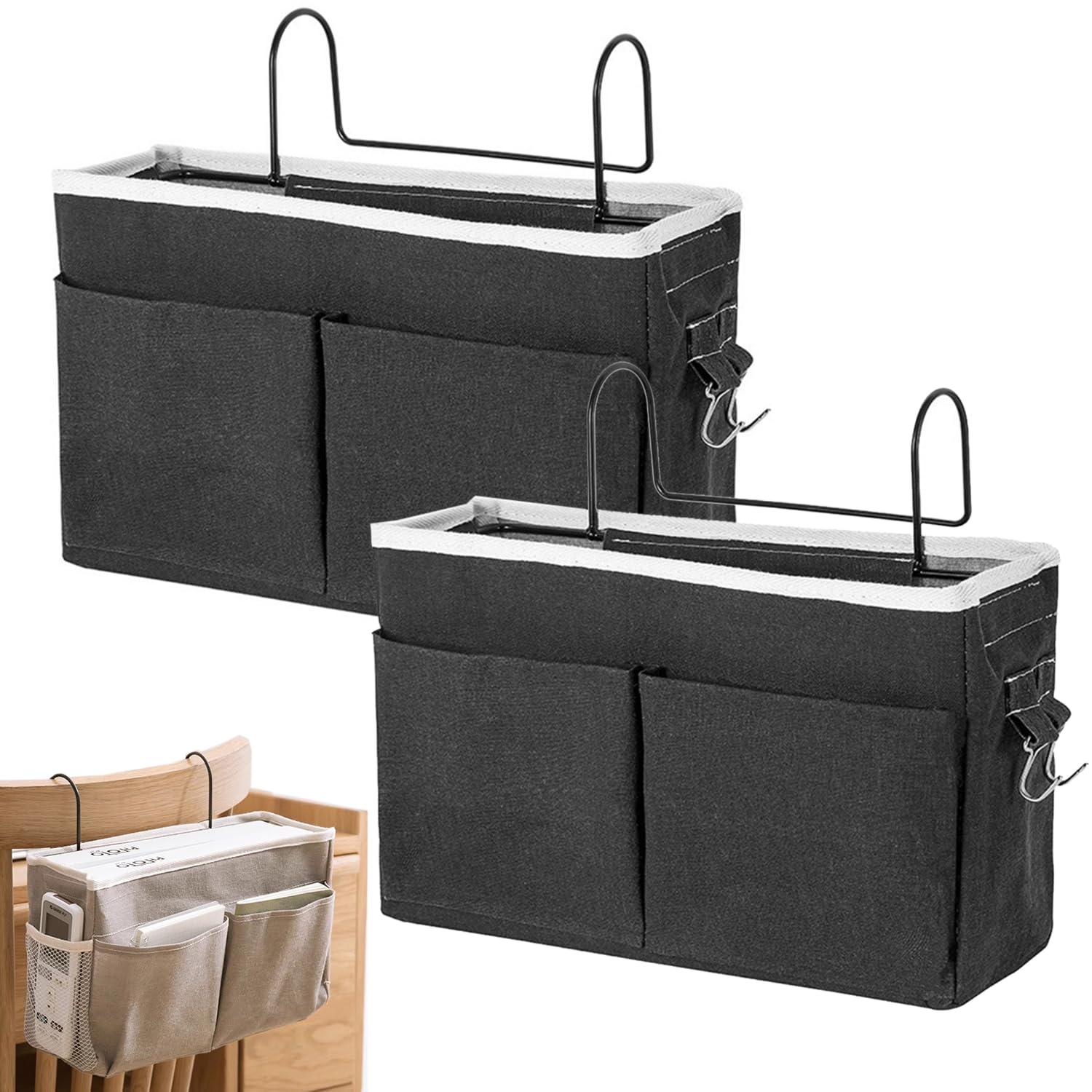 Qanye 2 Piece Bedside Bed Organizer, Hanging Bedside Bed Basket, Bed Pocket Organizer, Hanging Bedside Organizer, for Office, Bedroom, Kitchen (Black)