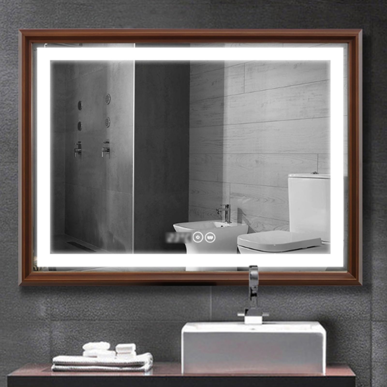 LIDANGUH Smart wall bathroom mirror Anti-Fog, led bathroom vanity mirror with 3-Color lights, Rectangular Solid wood frame, with Time temperature,Shatterproof(A,70 * 90cm/27.6 * 35.4in)