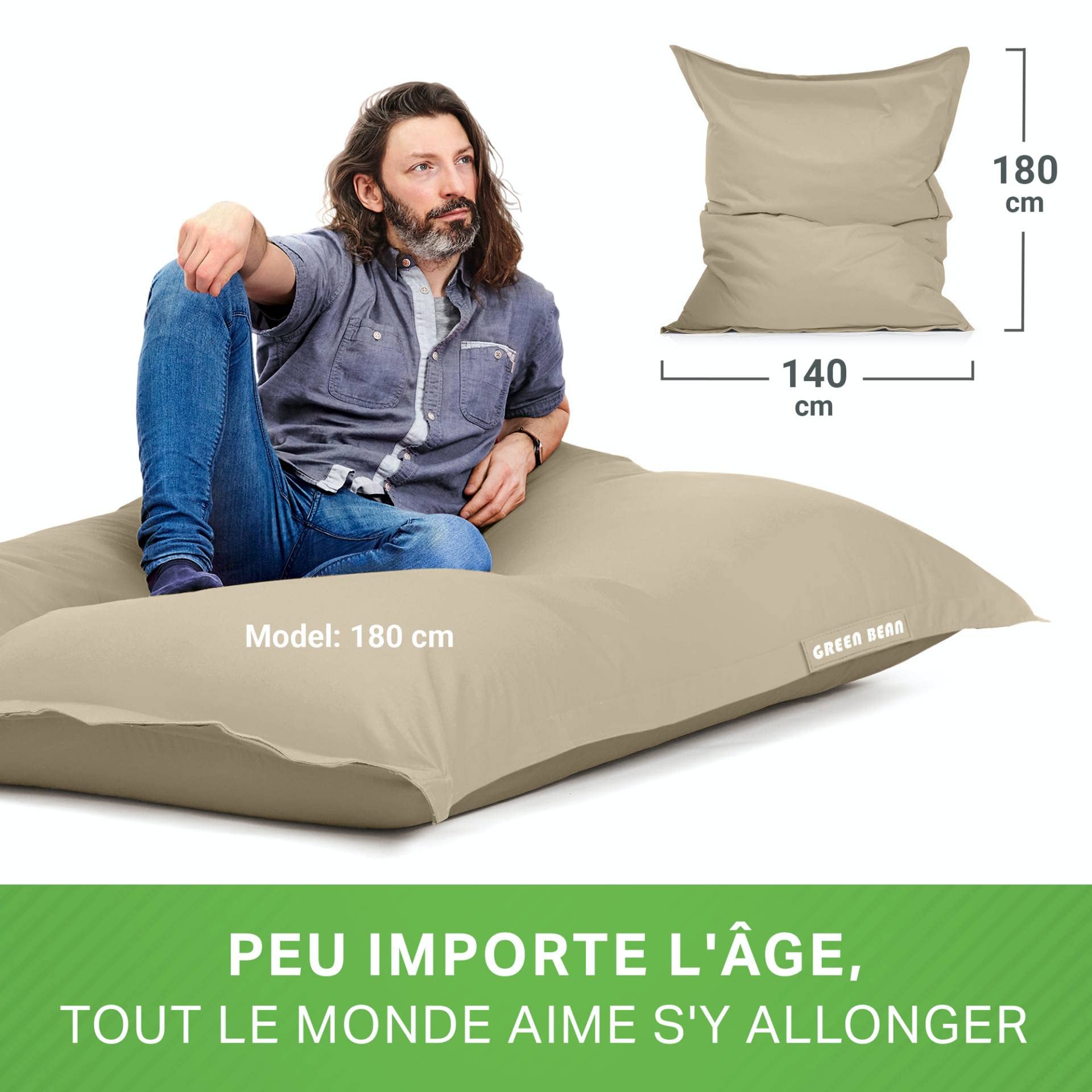 Green Bean© Pouf XXL 140x180cm 380L Enfants&Adultes Bean Bag Remplissage de Perles EPS Pouf Géant Grand Extérieur Outdoor Coussin Repos Siège Sol Lavable Résistant aux Intempéries Lounge