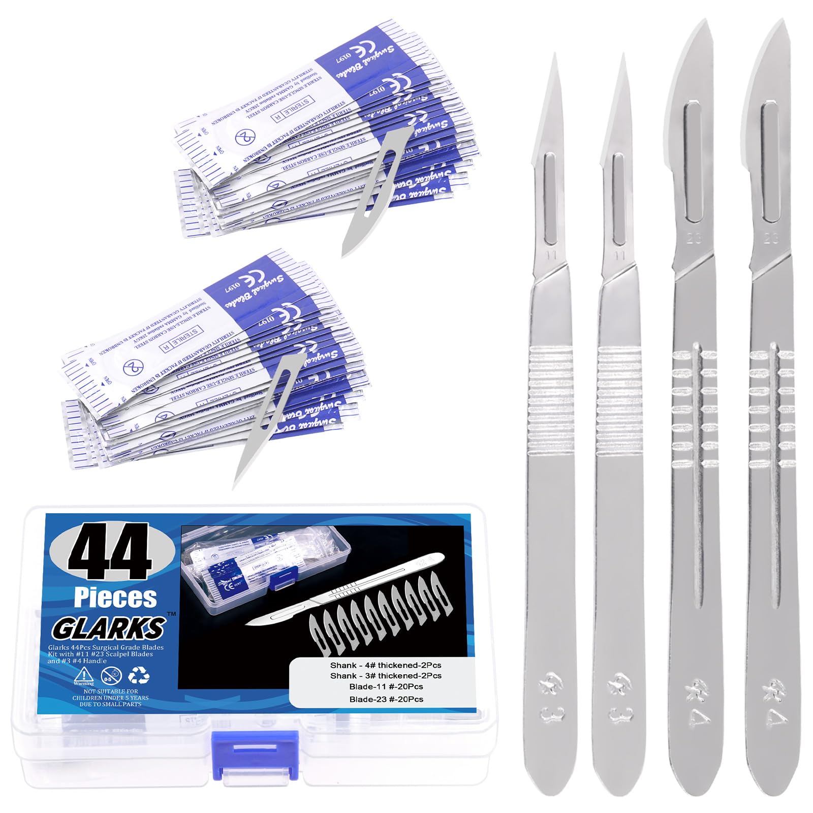 Glarks 44Pcs Surgical Grade Blade with Handle Kit, 40Pcs #11#23 Disposable Surgical Blade Sterile Scalpel Blade with 4Pcs #3#4 Scalpel Knife Handle Set for Biology Lab Anatomy, Practicing Cutting