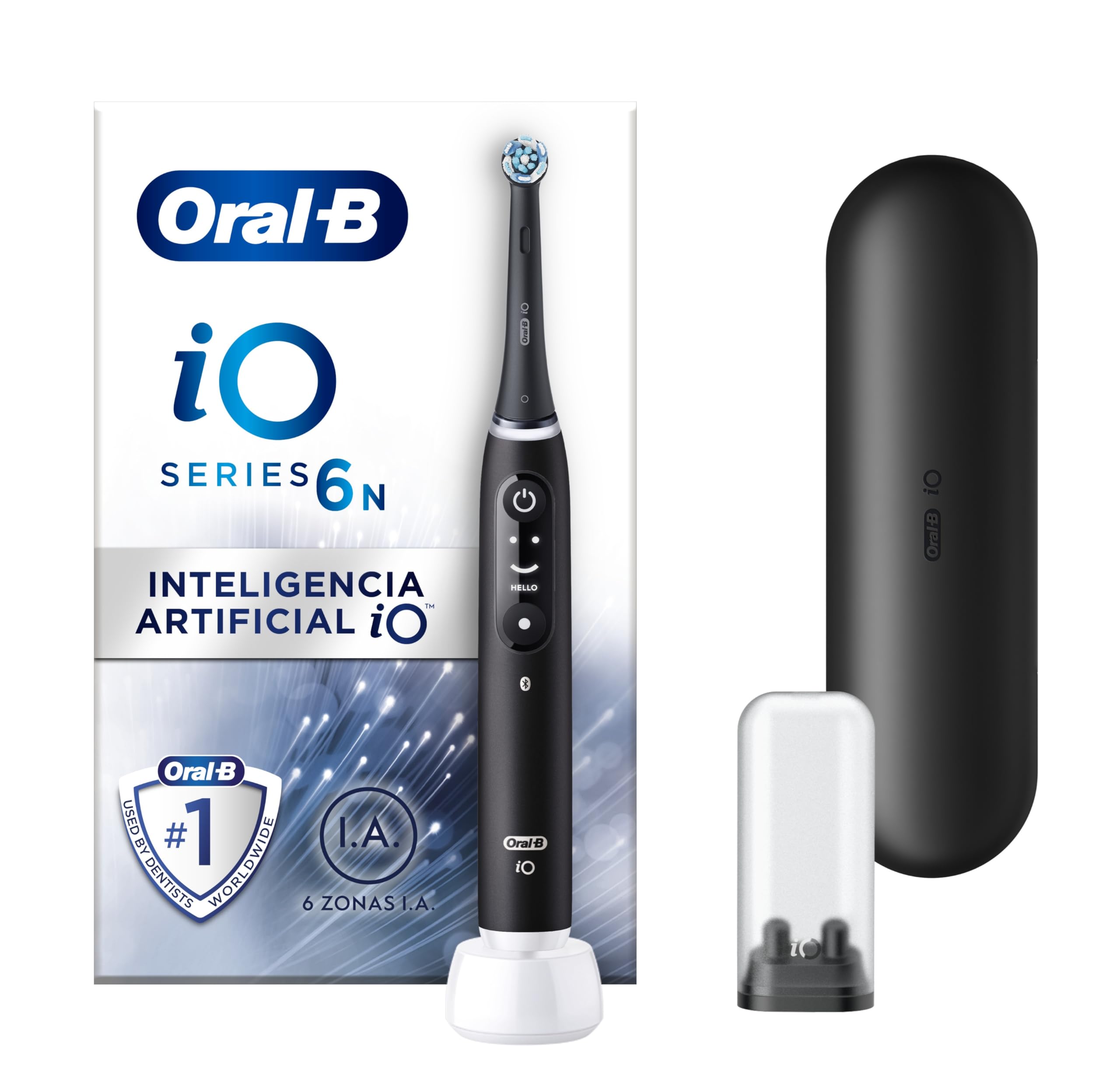 Oral-B iO 6N Cepillo de Dientes Eléctrico Negro Con Mango Recargable, 2 Cabezales y 1 Estuche de Viaje, 5 Modos De Cepillado Con Blanqueamiento Dental, Sensor De Presión, Diseñado por Braun