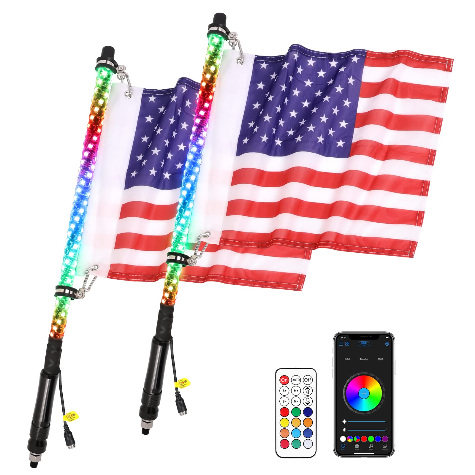 AUTRUDGE 2FT LED Whip Lights with Spring Base RGB Lighted Whips with App & Remote Control LED Chasing Whip Offroad Lighted Antenna for UTV ATV SXS Polaris RZR Dune Buggy Can-am Motorcycle Truck Cars