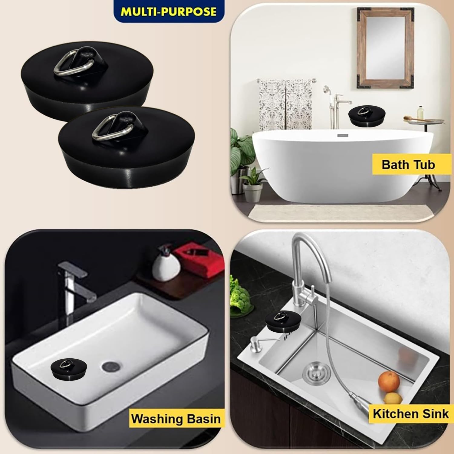 2 Pcs Tapones de Drenaje de Goma, Tapones de Drenaje de Goma, Tapones para Fregadero con Ganchos, Desagües Estándar Tapones Universales, Tapón de Drenaje para Fregadero de Cocina y Baño (Negro)