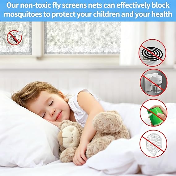 6 Packs Window Netting for Insects 1.3 * 1.5M Fly Screens for Windows DIY | Cut to Fit Self-Adhesive Adjustable with 6 Rolls with Velcro and Other Accessories Protect Your Family from Insects