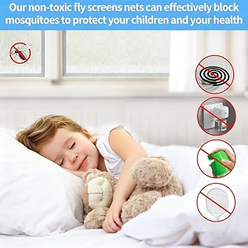6 Packs Window Netting for Insects 1.3 * 1.5M Fly Screens for Windows DIY | Cut to Fit Self-Adhesive Adjustable with 6 Rolls with Velcro and Other Accessories Protect Your Family from Insects