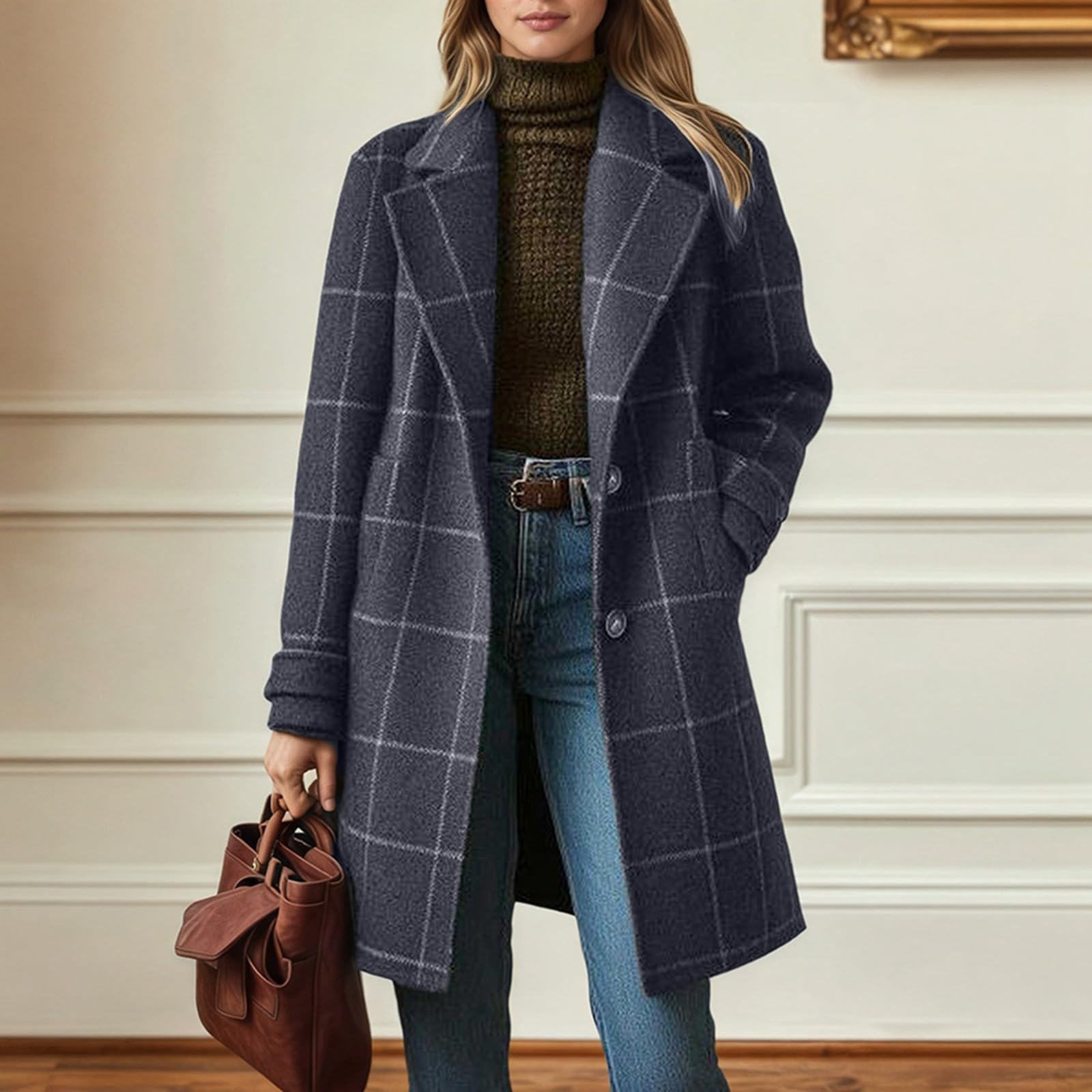 Generisch Manteau d'hiver pour femme - Veste à carreaux - Élégant - Trench à revers - Une rangée - Veste blazer longue chaude avec poches - Manteau d'hiver pour le travail, les loisirs, les vêtements