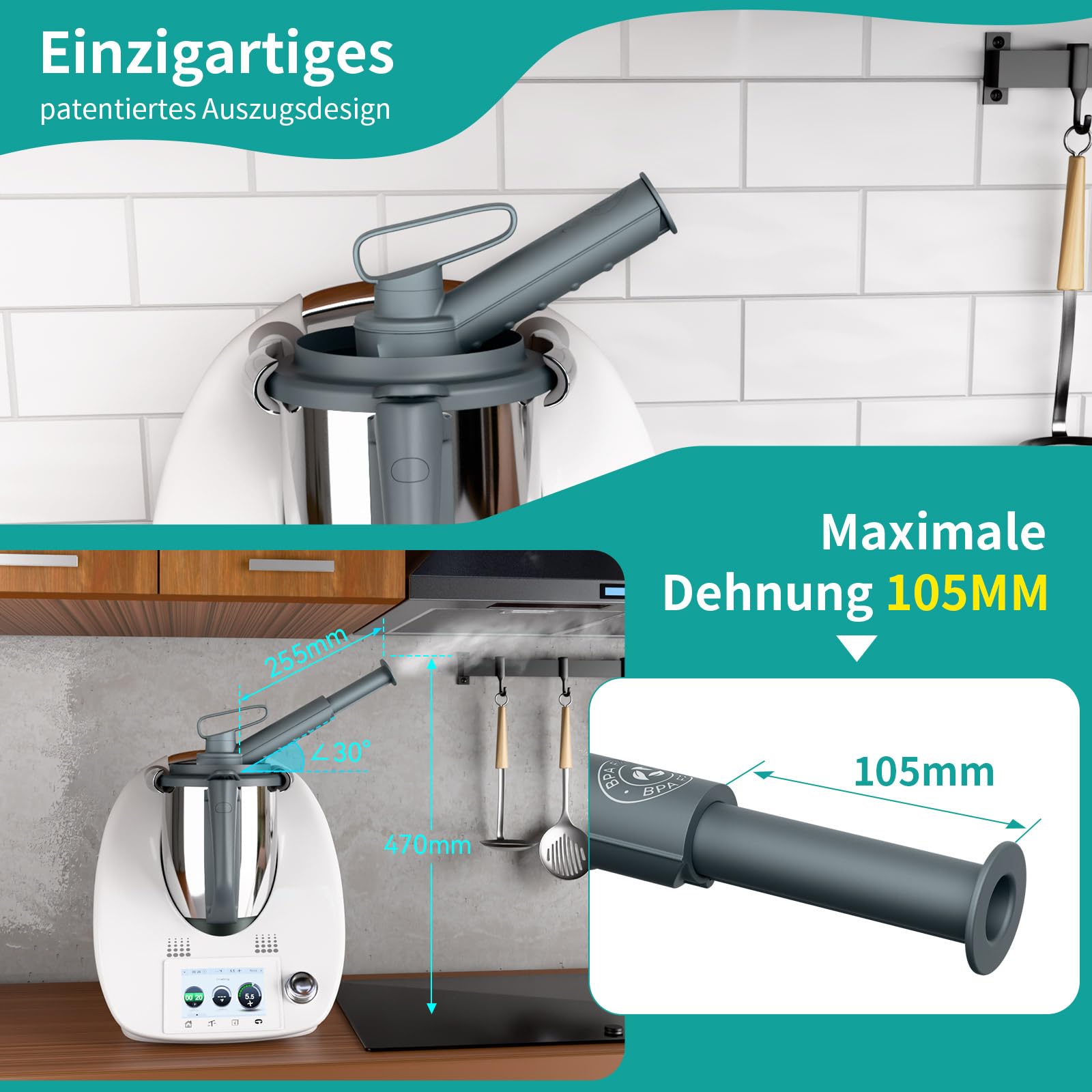 OTOmitra Stoomafleider voor Thermomix TM6 TM5 TM31, stoomkabel ter bescherming van keukenhangkasten, stoomafvoer BPA-vrij, stoomafleiding Thermomix accessoires, stoomafleider, opzetstuk voor stoom