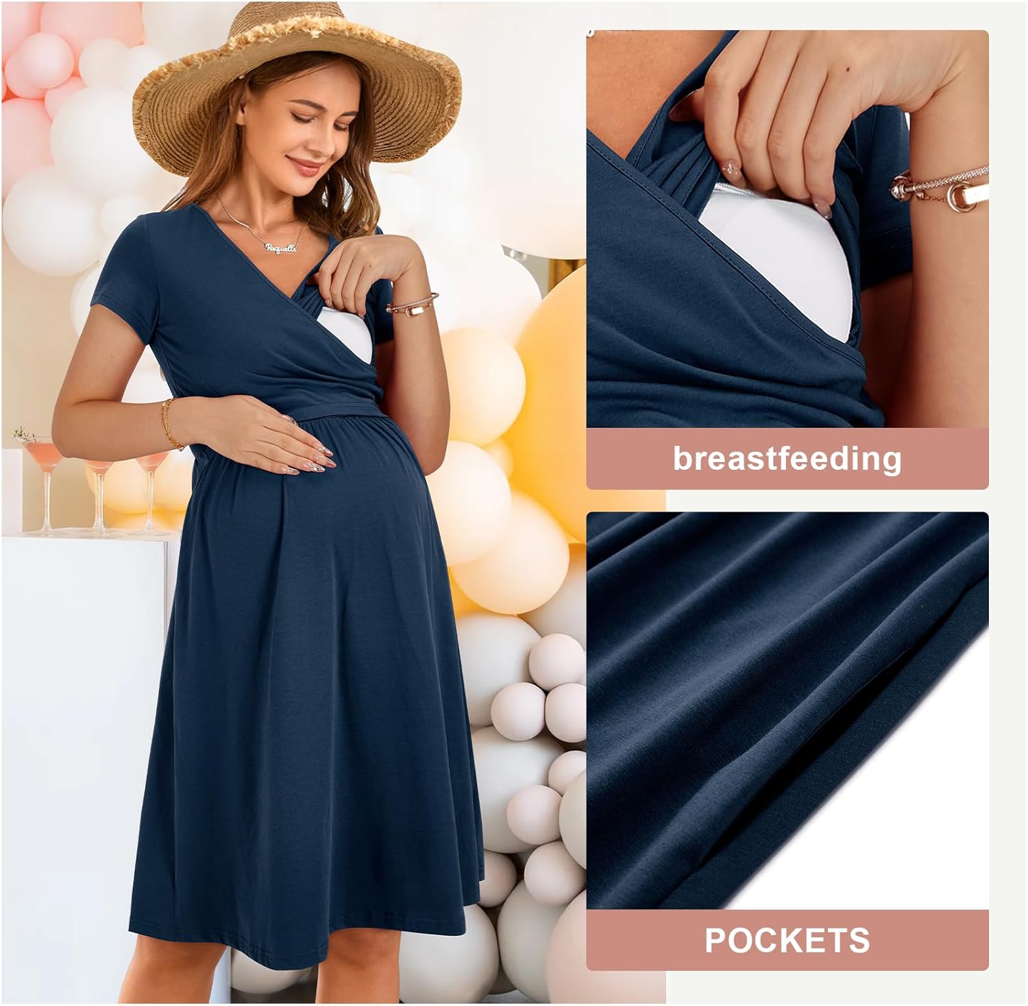 OUGES Maternity Nursing Dress Breastfeeding Short Sleeve V Neck Casual Pregnancy Clothes with Pockets - Image 6