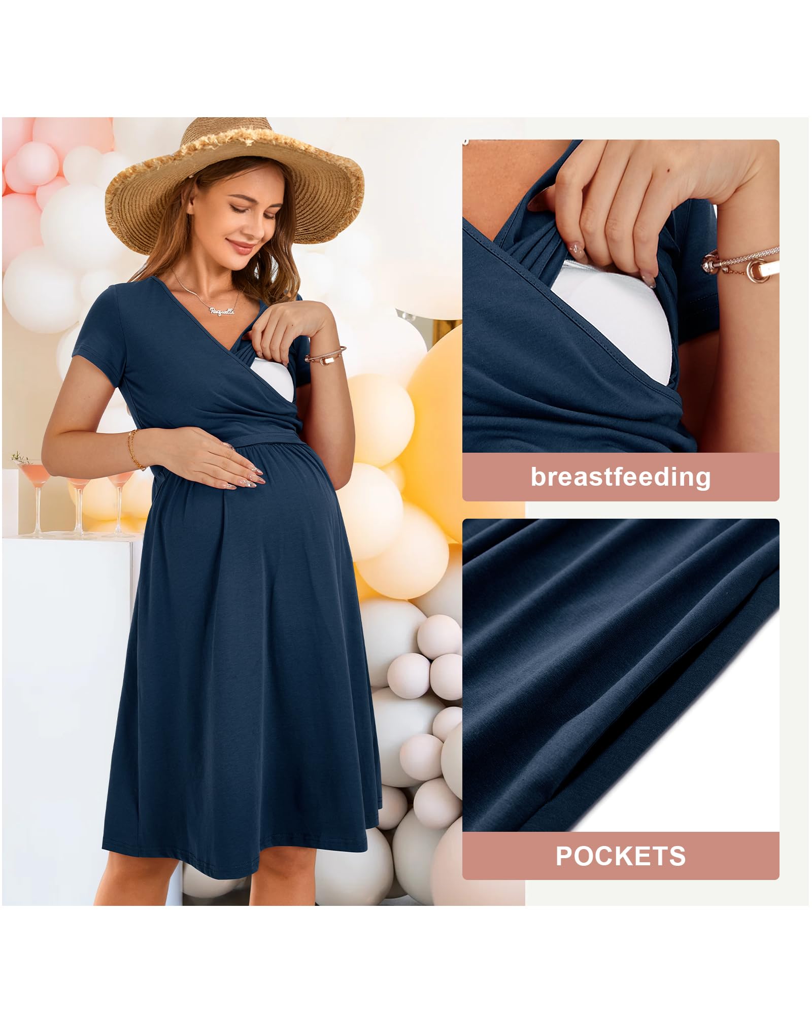 OUGES Robe de Maternité D'été pour Femme Robe d'allaitement Décontractée à Col en Vet Poches