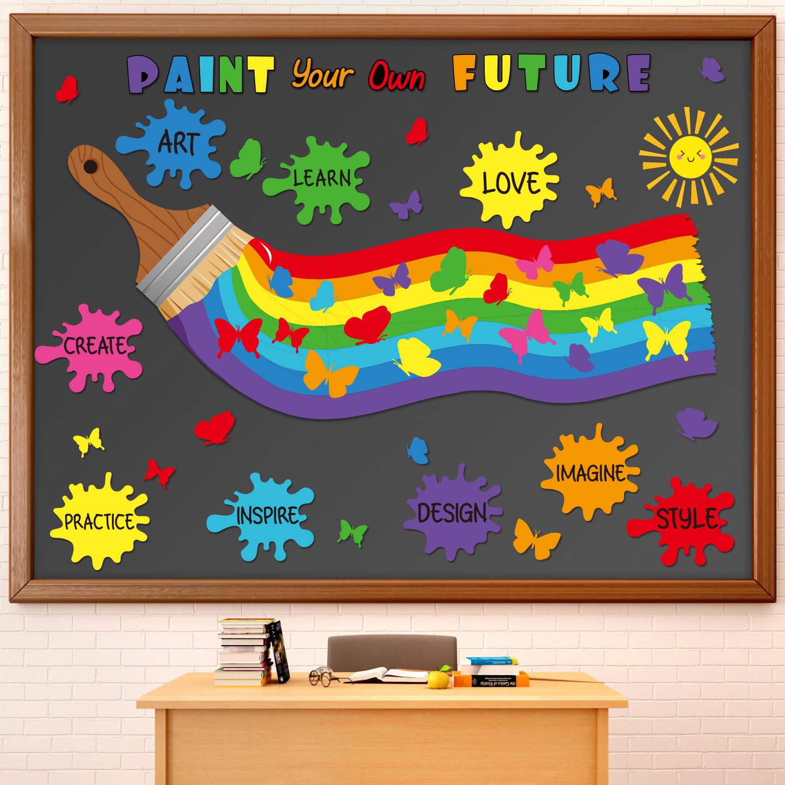 Weekgrat 52 Pcs Art Classroom Bulletin Board Decorations Paint Splatter Art Painting Cutouts Back to School Bulletin Board Set Paint Your Own Future with Rainbow Butterfly Sun Cutouts Classroom Decor