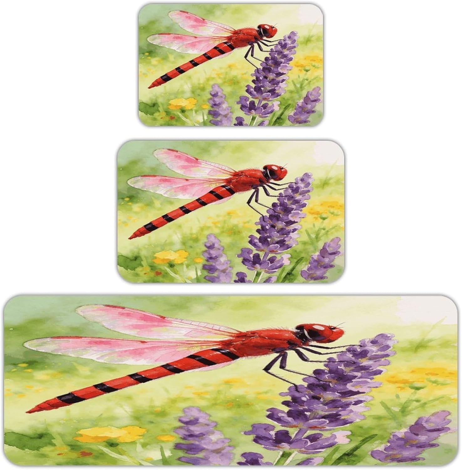 Dragonfly Kitchen Rugs Sets of 3 Non Slip Kitchen Mat for Floor Comfort Standing Rug and Mats Thick Cushioned Long Area Carpets for Laundry Room Entryway