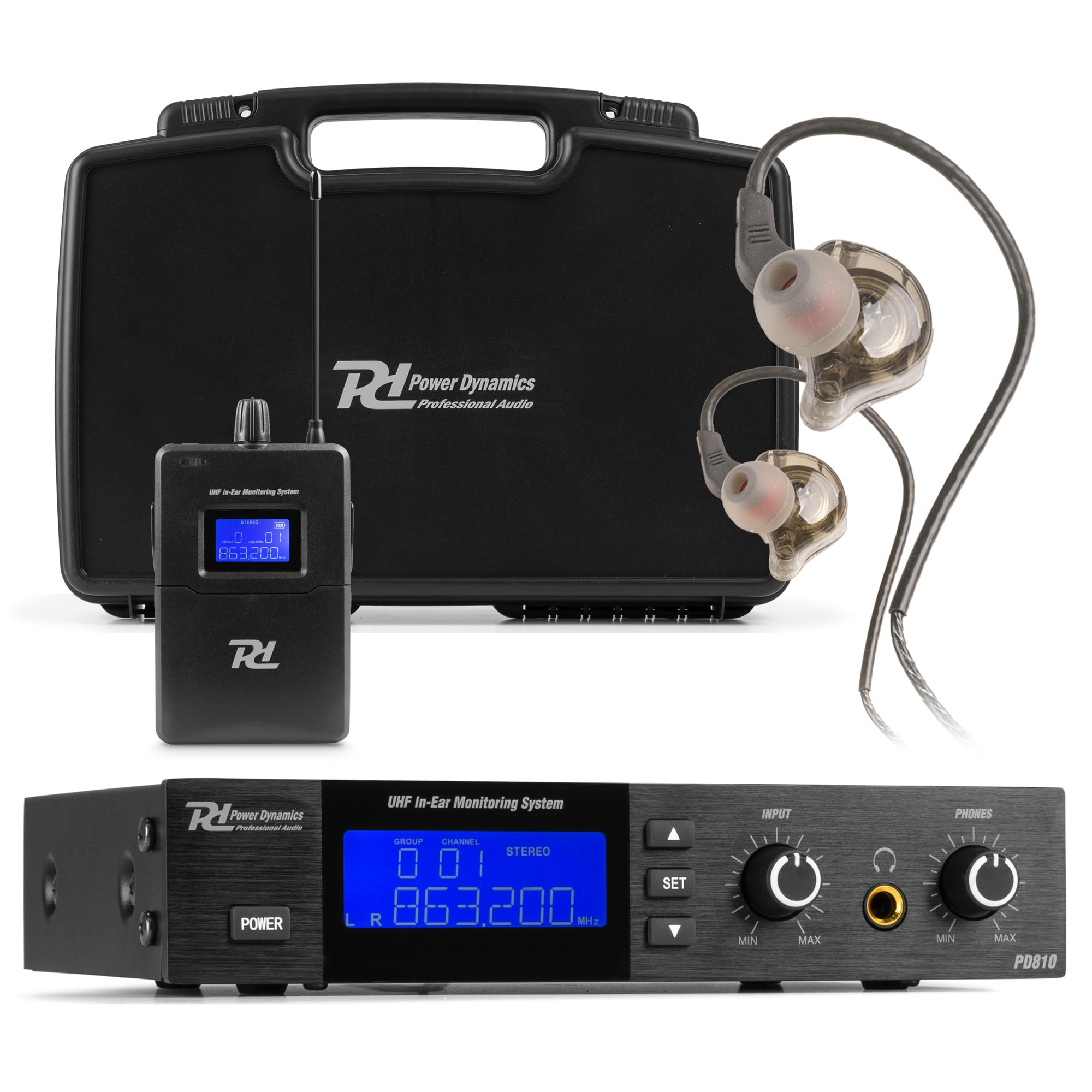Power Dynamics PD810 Sender und Taschenempfänger Bodypack, 50m Reichweite, In Ear Monitor System UHF, In Ear Monitoring Drahtlosanlage, Schwarz