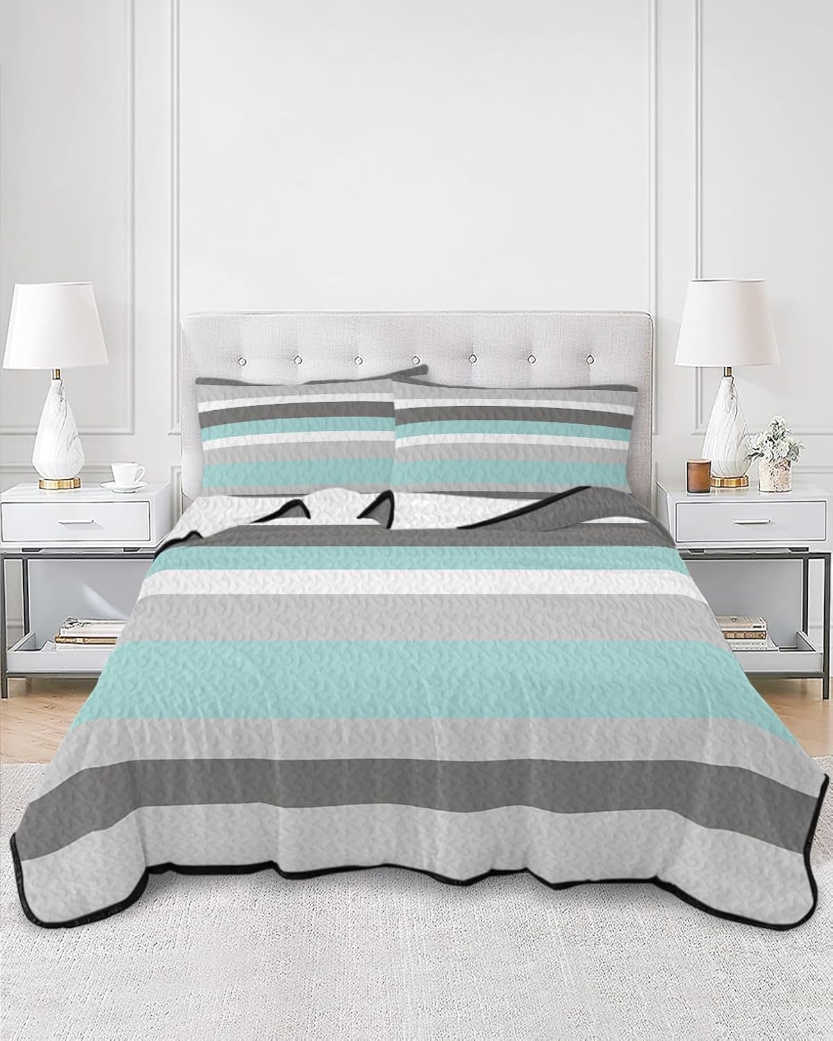 Twin XL Size Quilt Set, Green Gray Stripe Lightweight Bedspread Coverlet Set Soft Microfiber Summer Quilt with 2 Pillow Shams, Geometric Art 3 Piece Comforter Bedding Set