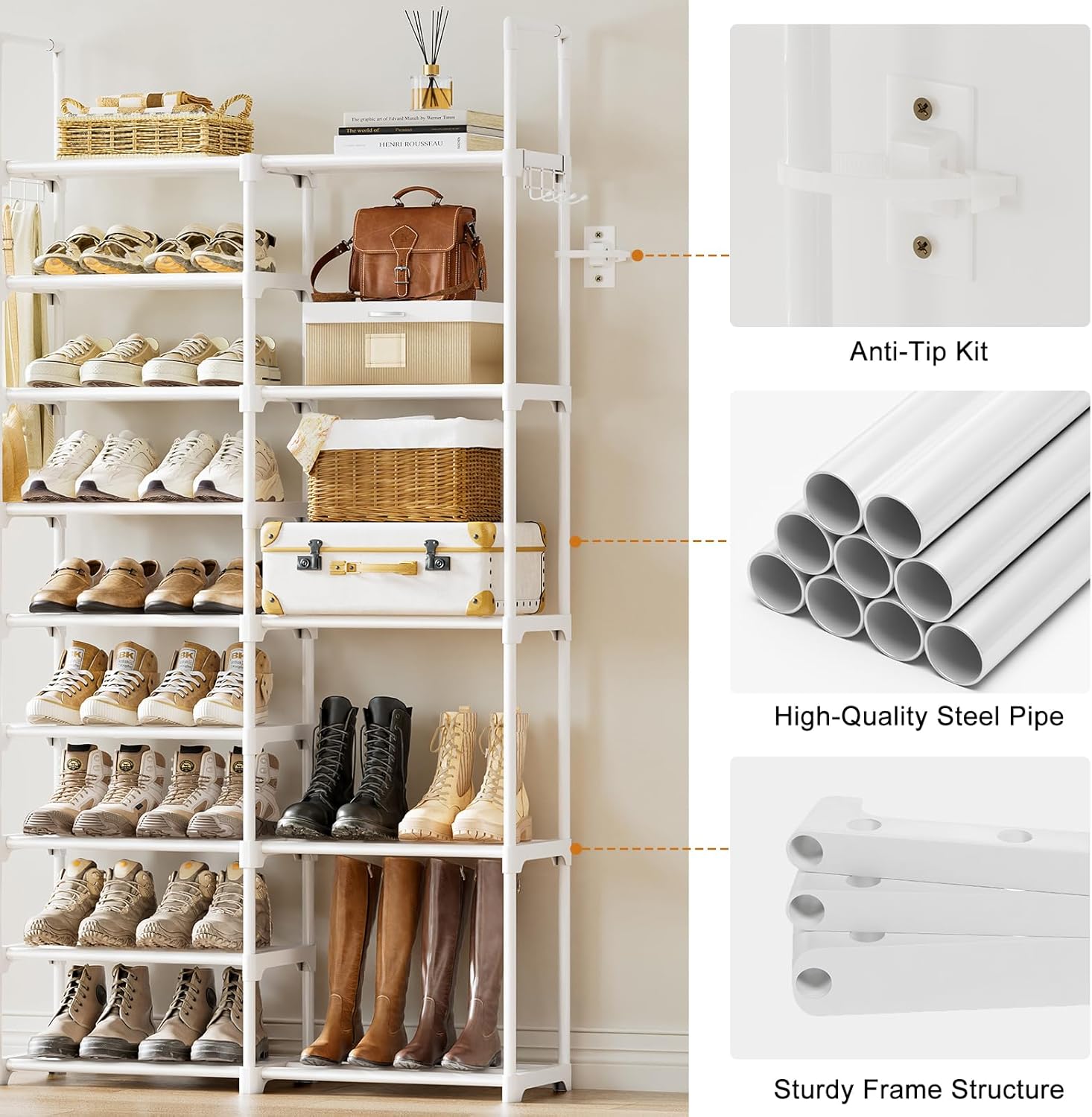 WOWLIVE 9 Tiers White Shoe Rack for Closet Shoe Rack Storage Organizer for Entryway 30-35 Pairs Stackable Shoe Shelf for Front Entrance Metal Pipes with Plastic Connectors