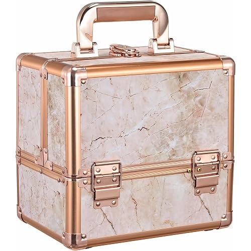 Joligrace Makeup Train Case Cosmetic Box 11.6 Inch Jewelry Organizer Professional 3 Tiers Trays with Mirror and Brush Holder Lockable Key Portable Travel - Rose Gold