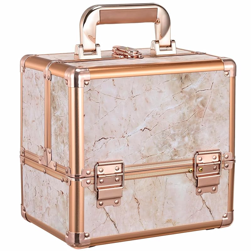 Maleta de maquiagem Joligrace com 3 bandejas, espelho, porta-pincéis e chave – Rose Gold