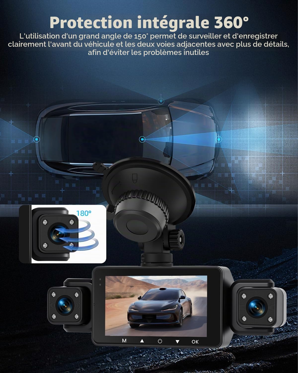 NHOPEEW Caméra Voiture 360° à 4 Canaux – Caméra Voiture 1080P avec G-Sense/Contrôle APP WiFi, Vision Nocturne IR/Enregistrement en Boucle/Détection de Mouvement