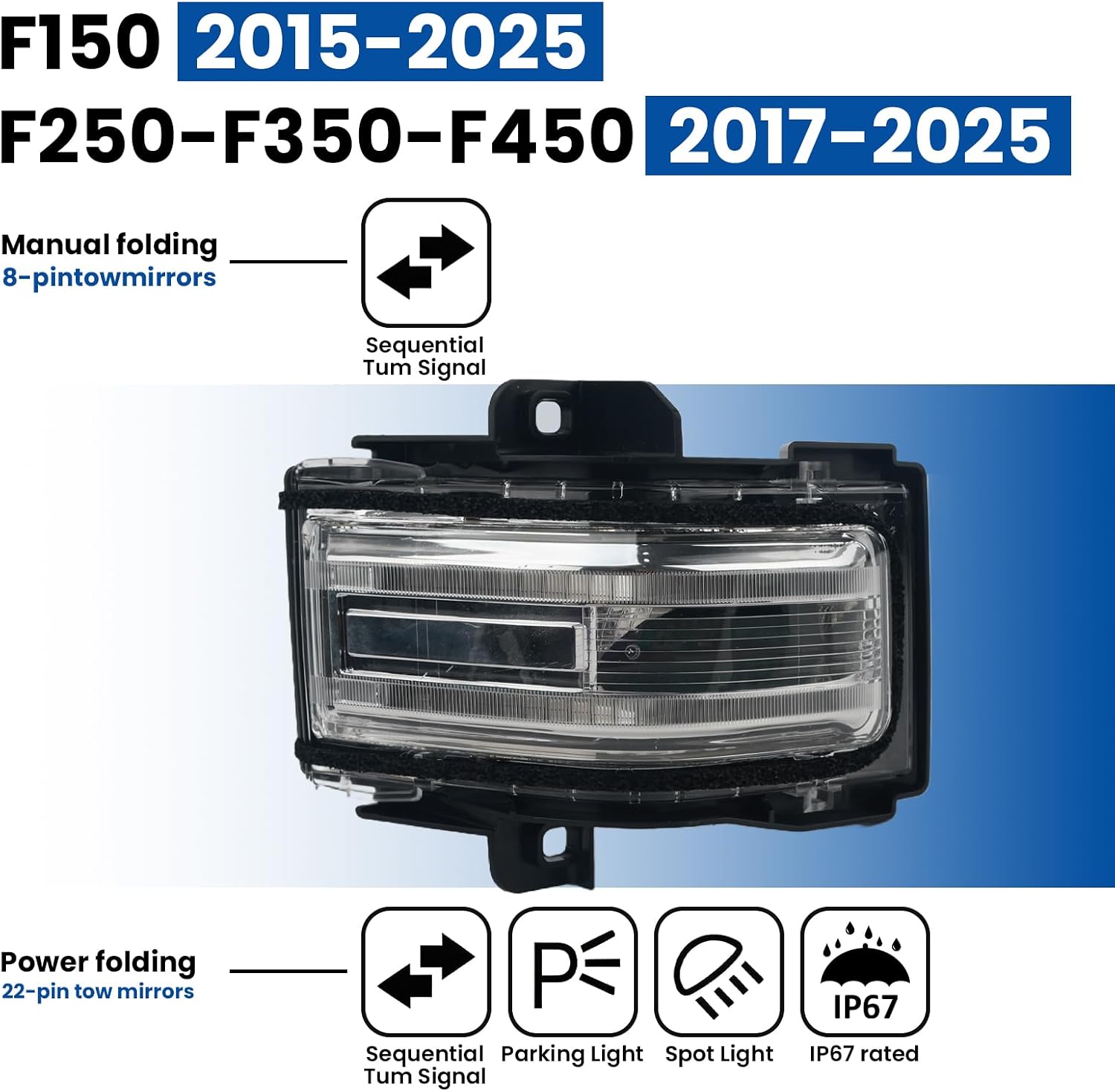 Right Side Tow Mirror Compatible with Ford F-150 F250 F350 2015-2025,Turn Signal Mirror Lights,Daytime Running Yellow Dynamic Sequential LED Side Marker Light