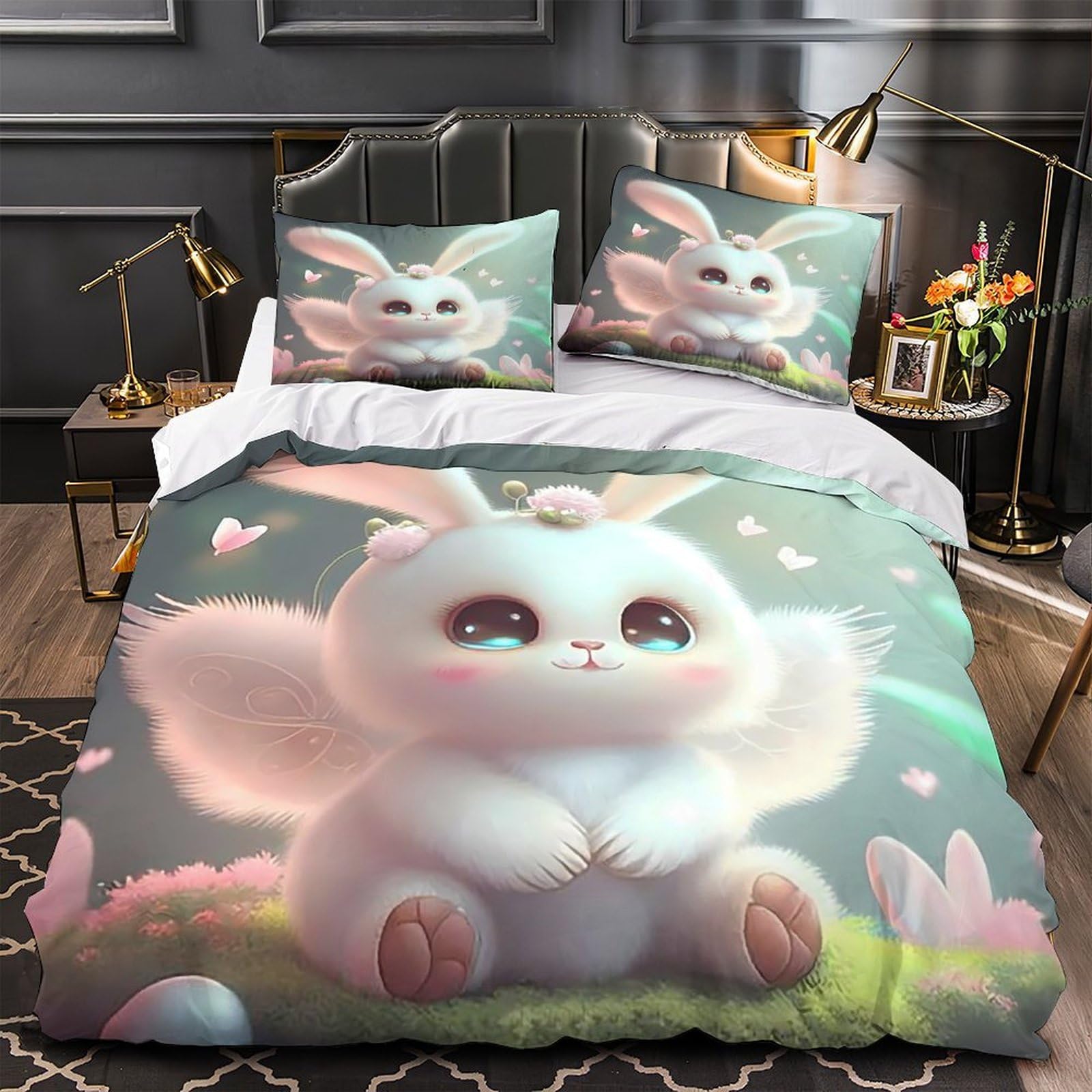 Parure de lit lapin pour chambre d'enfant douce et hypoallergénique 135x200cm