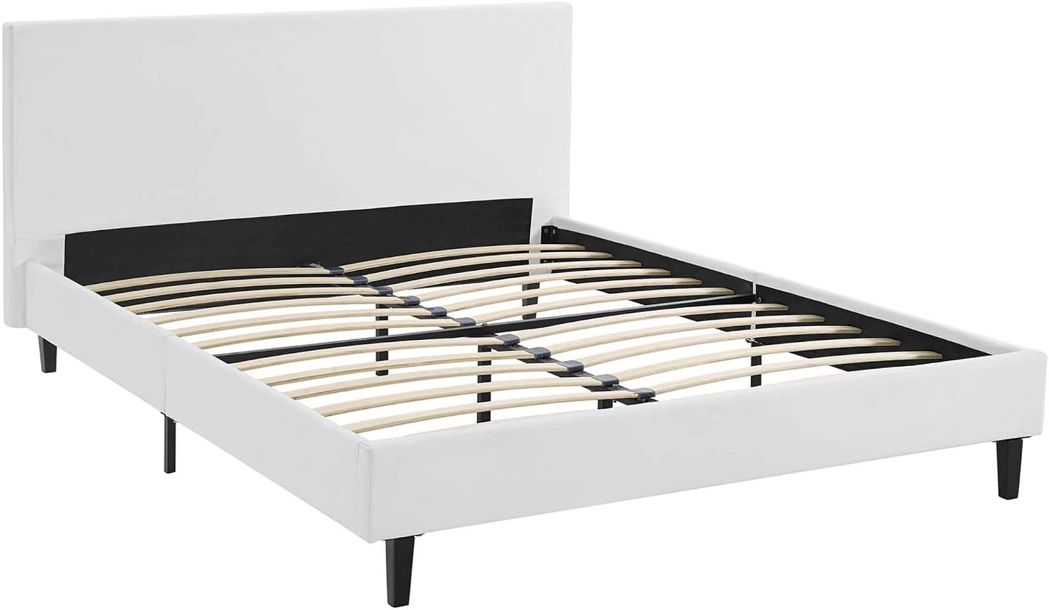 Anya Platform Bed - Contemporary Design, Padded Vinyl Headboard, Solid Wood Legs, Slatted Support System - Full Size, White