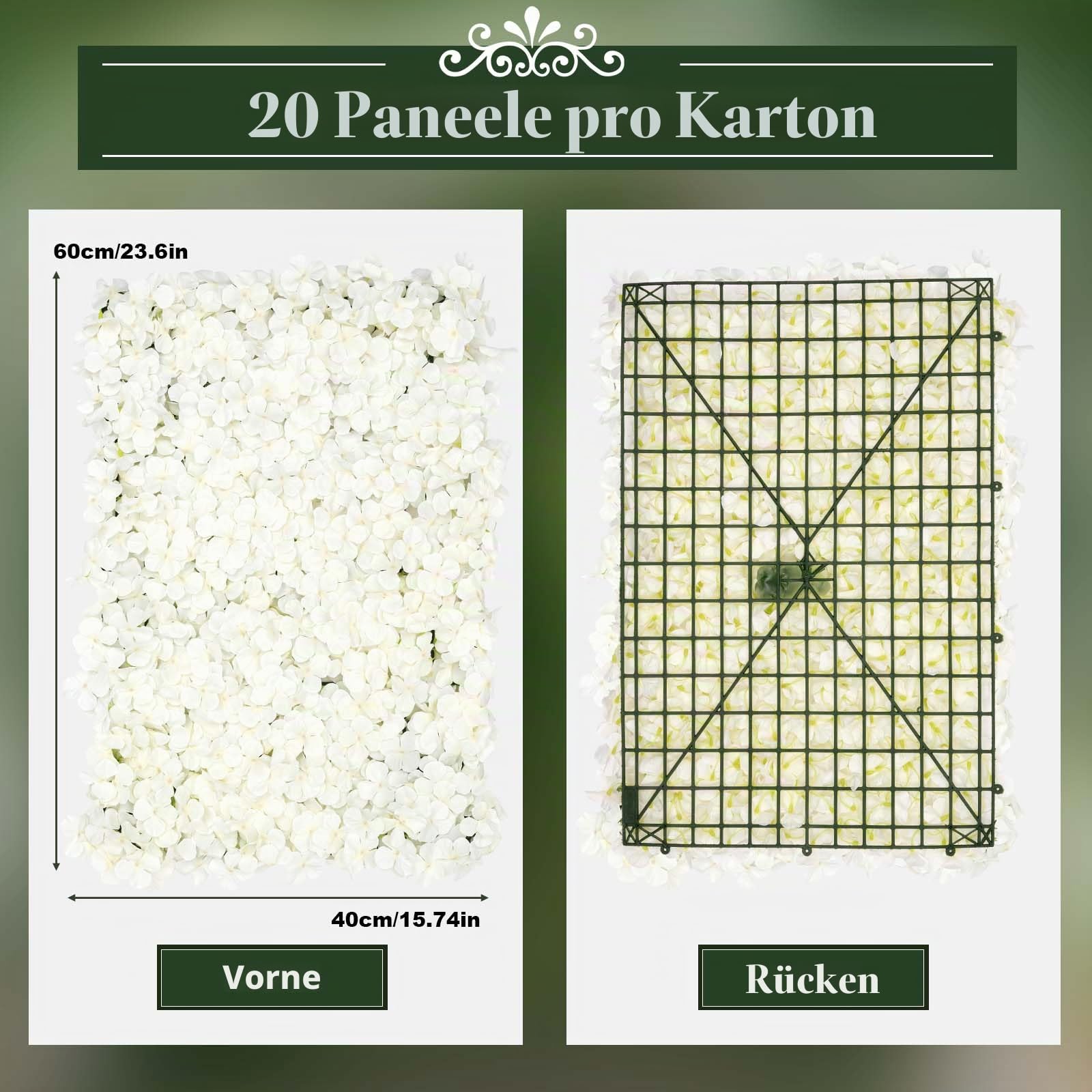 20Pcs Kunstblumen Seiden Wandpaneele Party Dekor Hochzeit Hintergrund KüNstliche Blumen Wand Seidenblume Deco DIY Fest Geburtstag Fotografie FüR Garten Romantische Paneele Rechteckig Weiß 60*40Cm