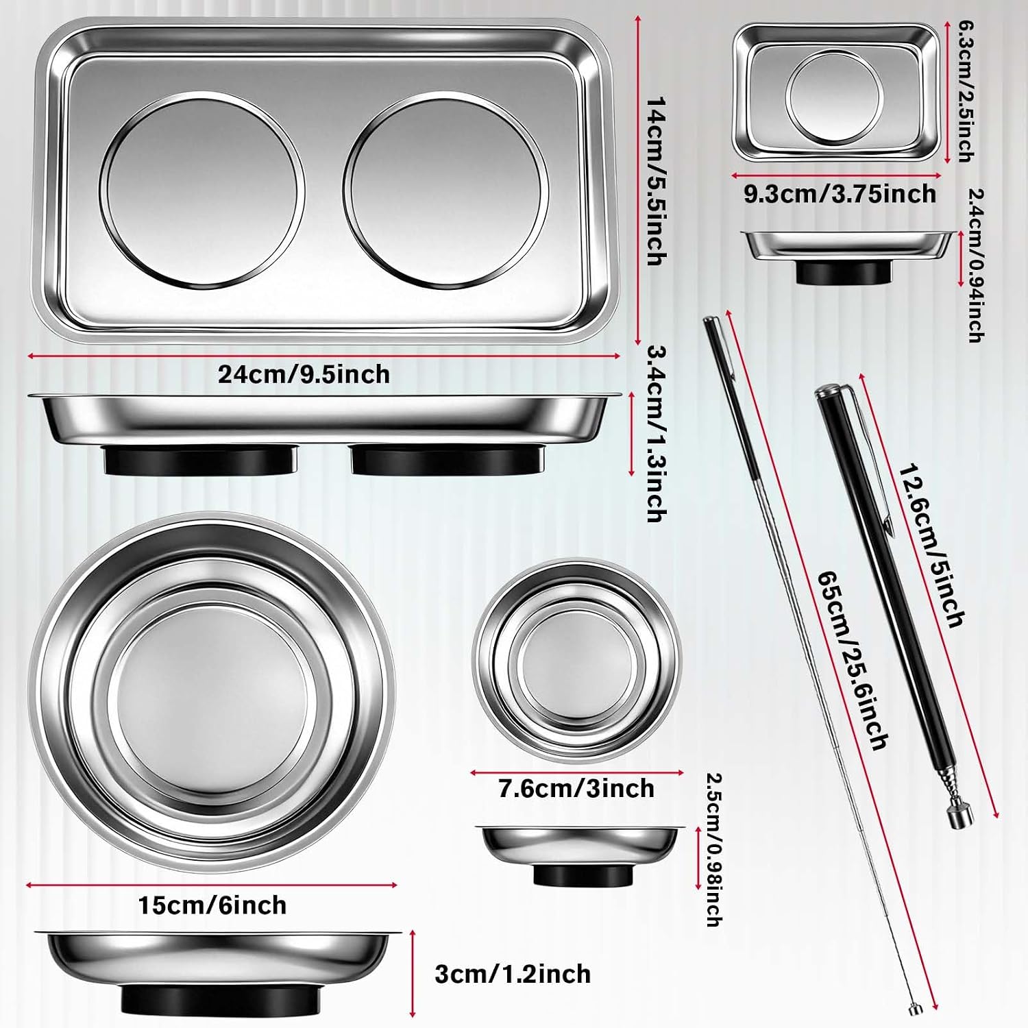 Magnetic Tray 4 Pack Stainless Steel Magnetic Parts Trays Set with Telescoping Magnetic Pickup Tool, Square and Round Trays for Screws Nuts Bolts Garage Mechanic Organizer