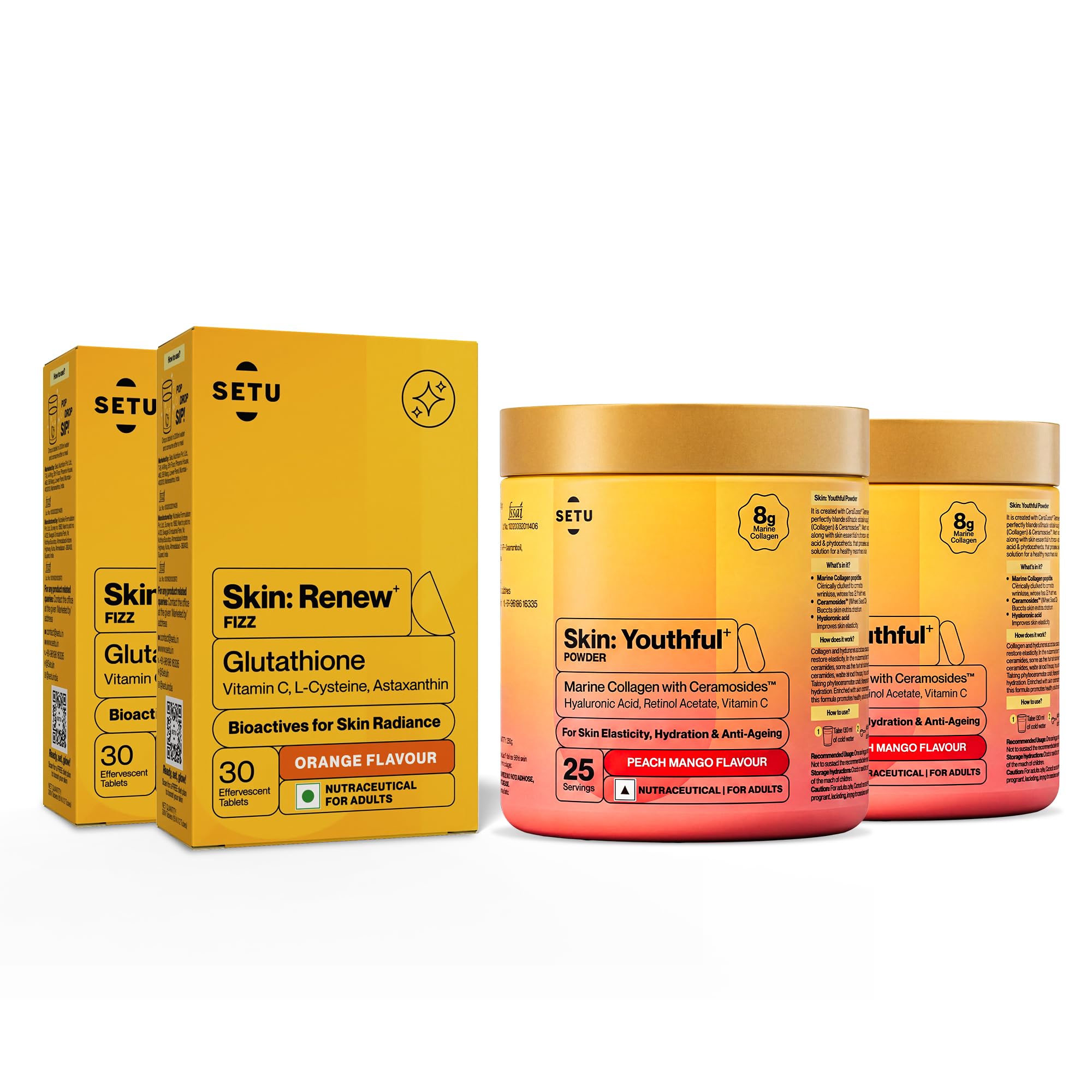 Setu Skin Renew Glutathione Fizz 60 Tablets for Skin Glow & Brightness with Skin Youthful Marine Collagen Powder (Peach Mango, 500 g) | Fight Fine Lines & Wrinkles | Powered by Master Antioxidant Glutathione | Promotes Radiant Skin | Skin Supplements for Women & Men (Combo Pack)