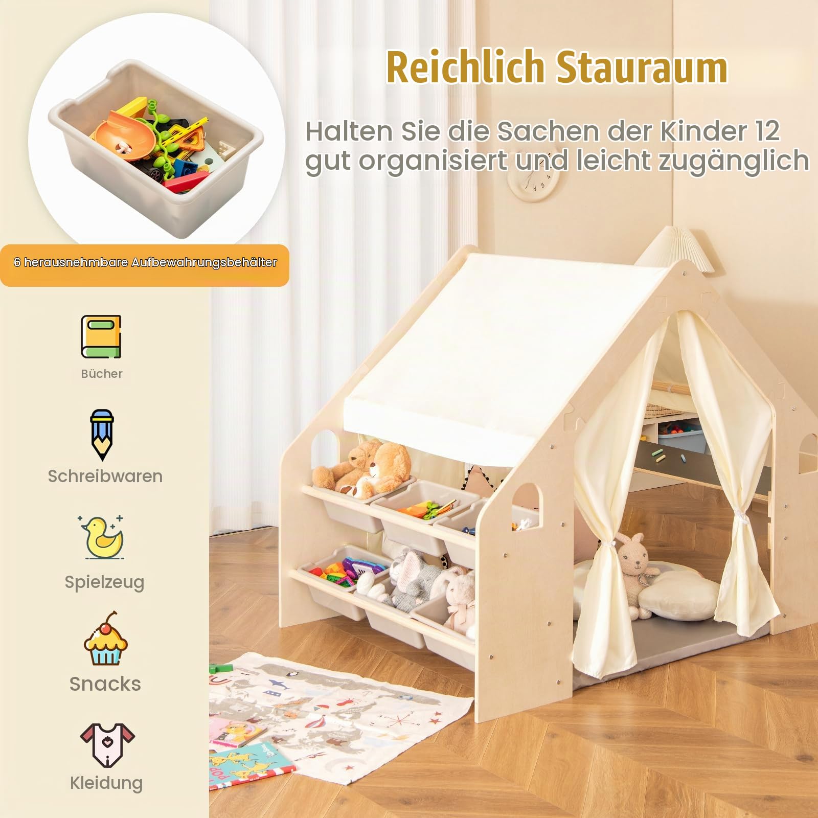 HOMASIS 6 in 1 Kinderzelt Indoor, Spielzelt mit Kindertisch & Stuhl, Kinder Spielhaus mit Matte & Tafel & Aufbewahrungsbox, Kinderspielhaus aus Holz für Kinder ab 2 Jahren (Mit 6 Boxen)